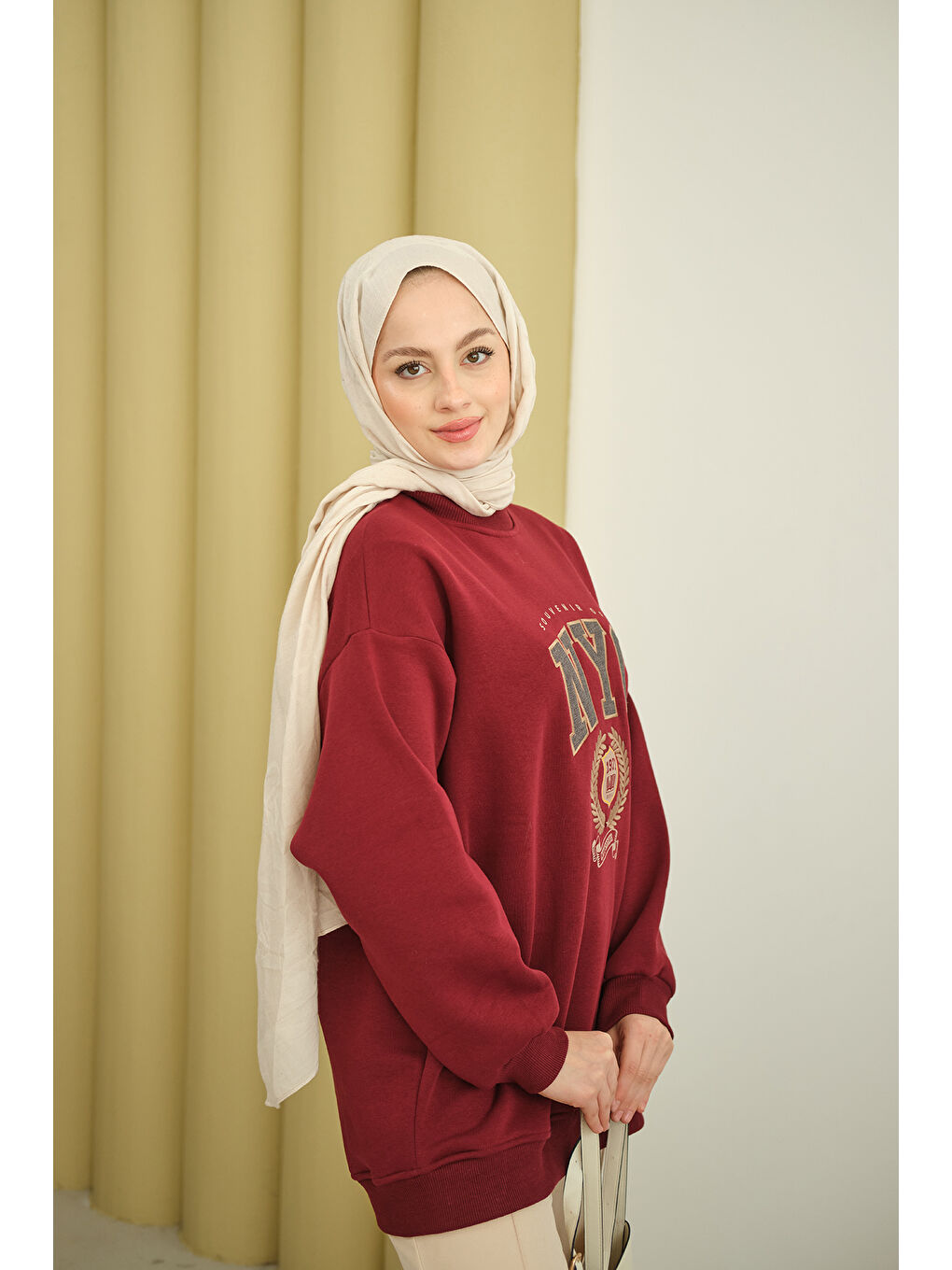 Kadın NYC Baskılı Sweat Bordo-4