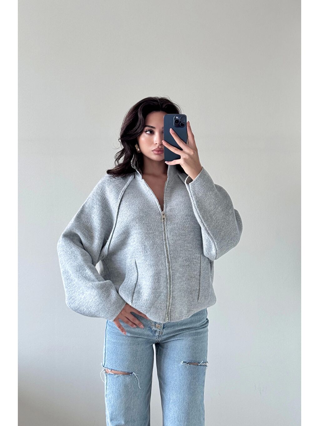 Kadın Gri Fermuarlı Oversize Hırka 1014-2381-1