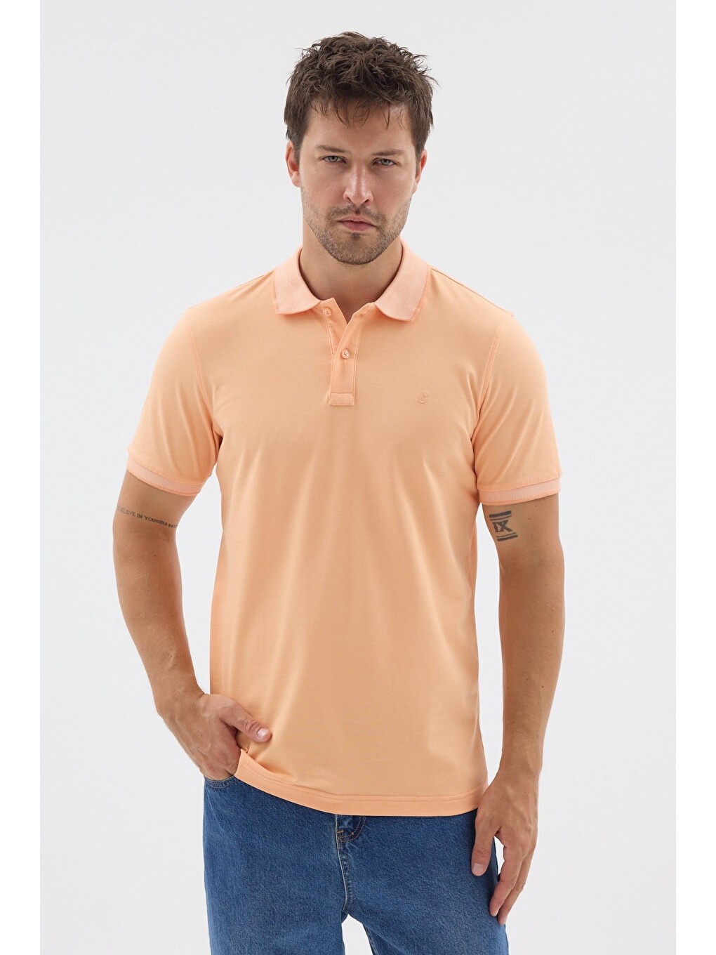 Pembe Turuncu Polo Yaka Pike Kısa Kol Slim Fit %100 Pamuk Tişört 1011260171