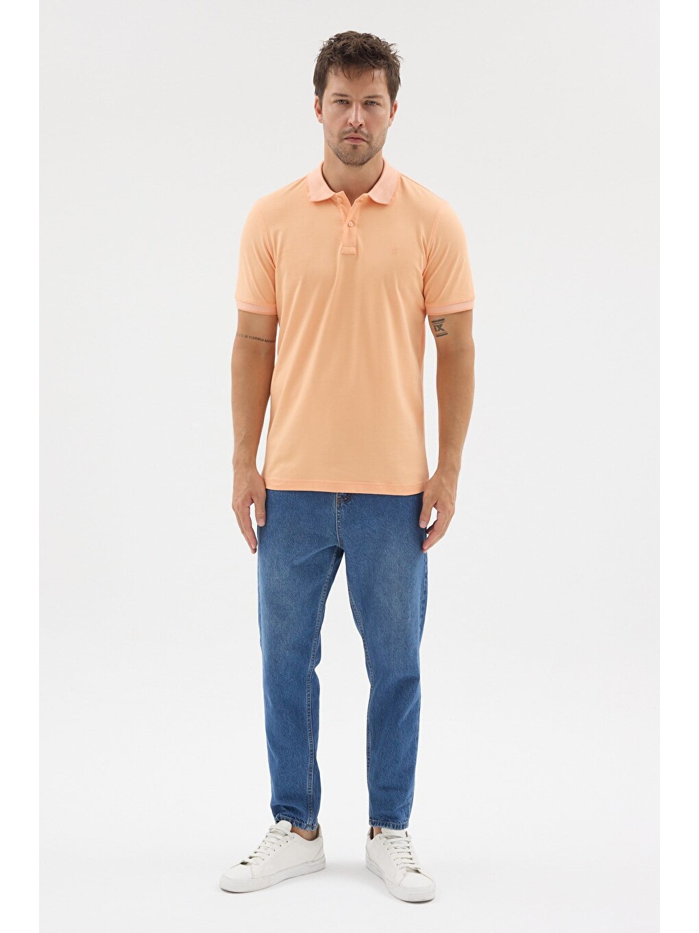Pembe Turuncu Polo Yaka Pike Kısa Kol Slim Fit %100 Pamuk Tişört 1011260171-1