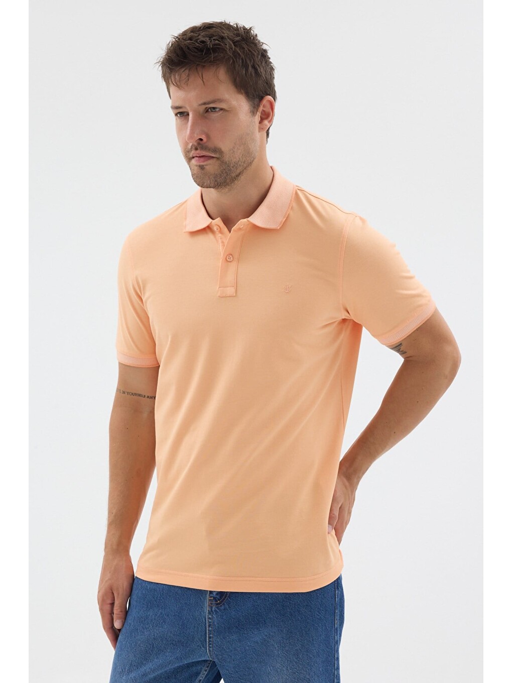 Pembe Turuncu Polo Yaka Pike Kısa Kol Slim Fit %100 Pamuk Tişört 1011260171-2