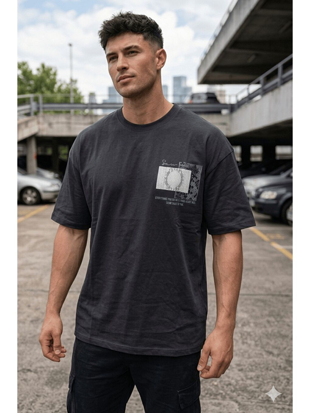 Antrasit Oversize Erkek Tişört Baskılı Pamuklu Rahat Kesim Streetwear Yazlık Basic T-Shirt-1