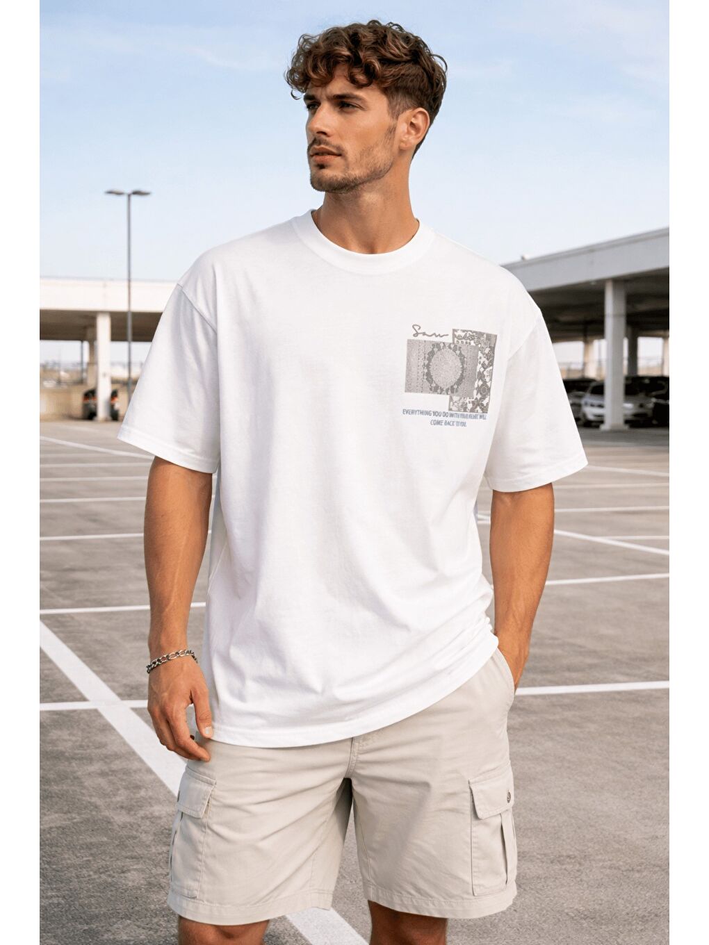 Beyaz Oversize Erkek Tişört Baskılı Pamuklu Rahat Kesim Streetwear Yazlık Basic T-Shirt-1