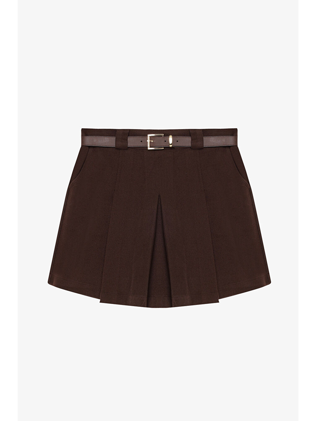 Kemerli Kalın Pileli Mini Şort Etek Kahverengi