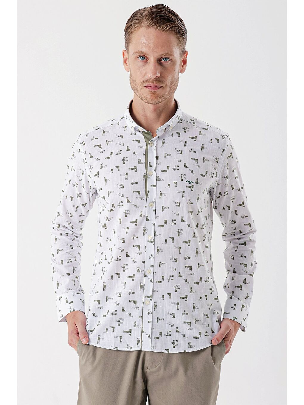 Beyaz Uzun Kollu Baskılı Bez Ayağı Cepsiz Garnili Klasik Slim Fit Dar Kesim Gömlek 1004230230-2