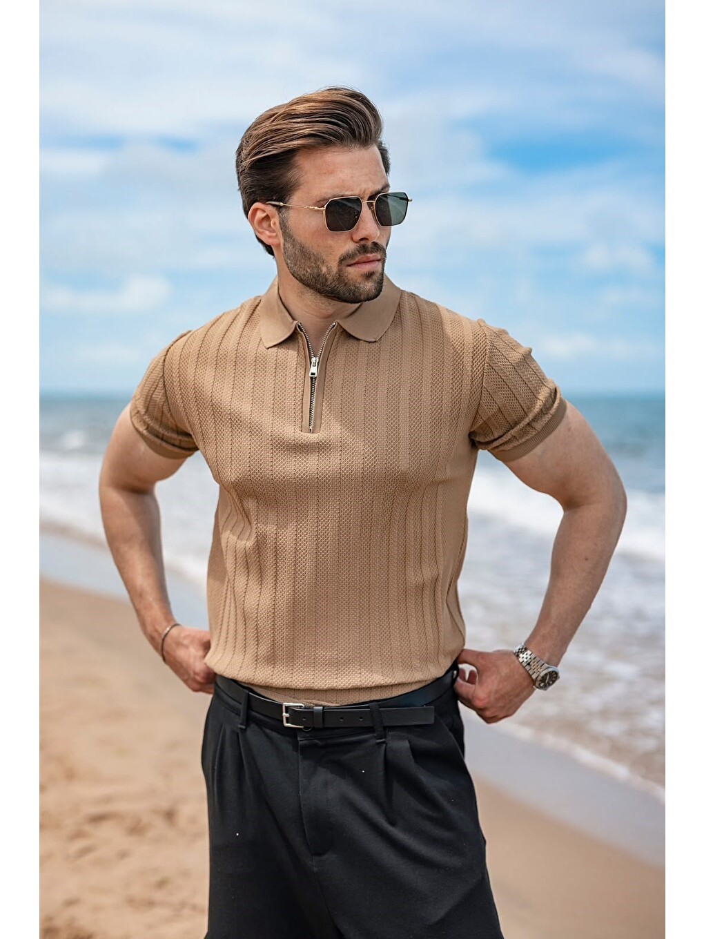Kahverengi Camel Yarım Fermuarlı Polo Yaka Erkek Triko Tişört E7458-1