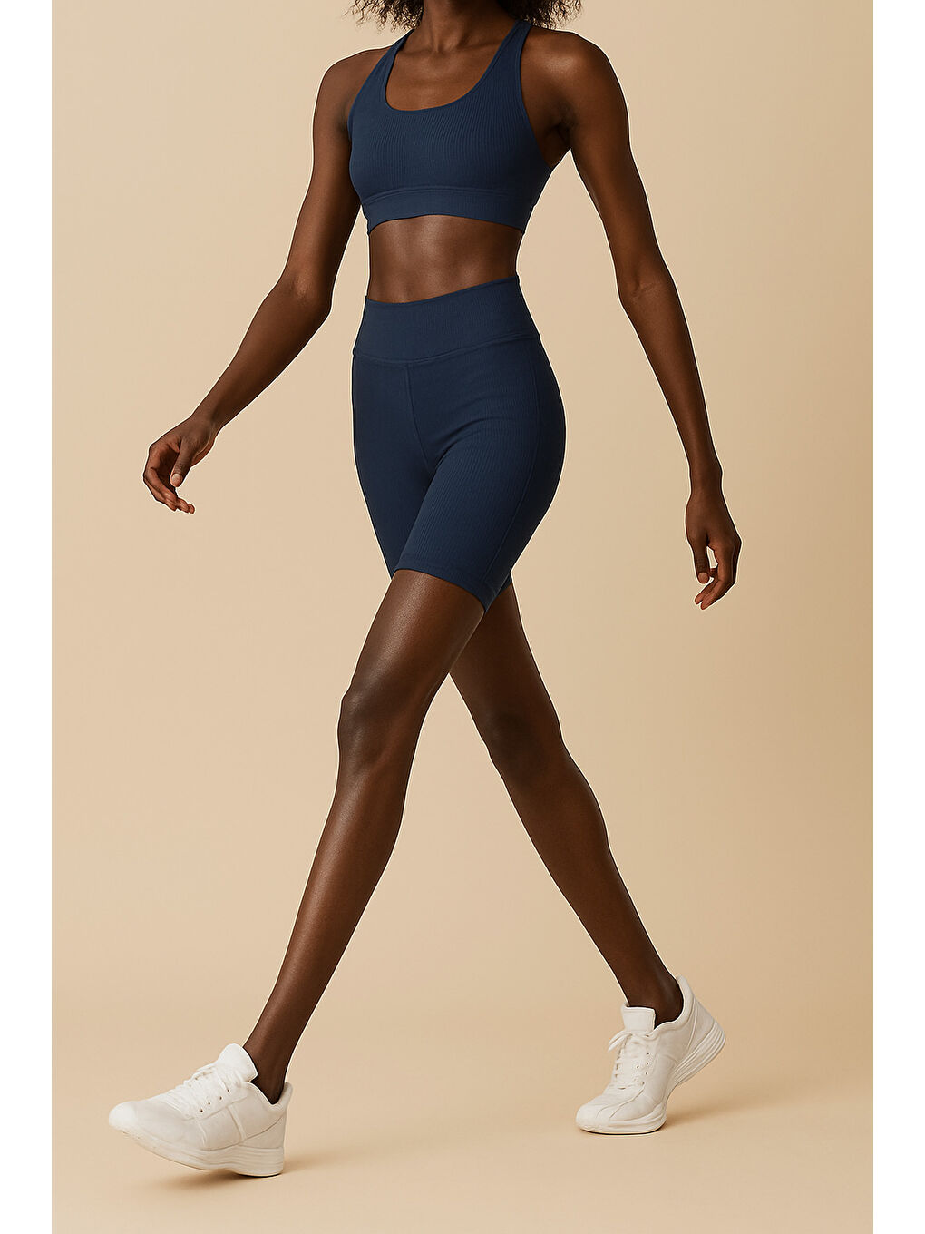 İndigo Kadın Yüksek Bel Toparlayıcı Ripli Fitilli Kısa Spor Tayt-2