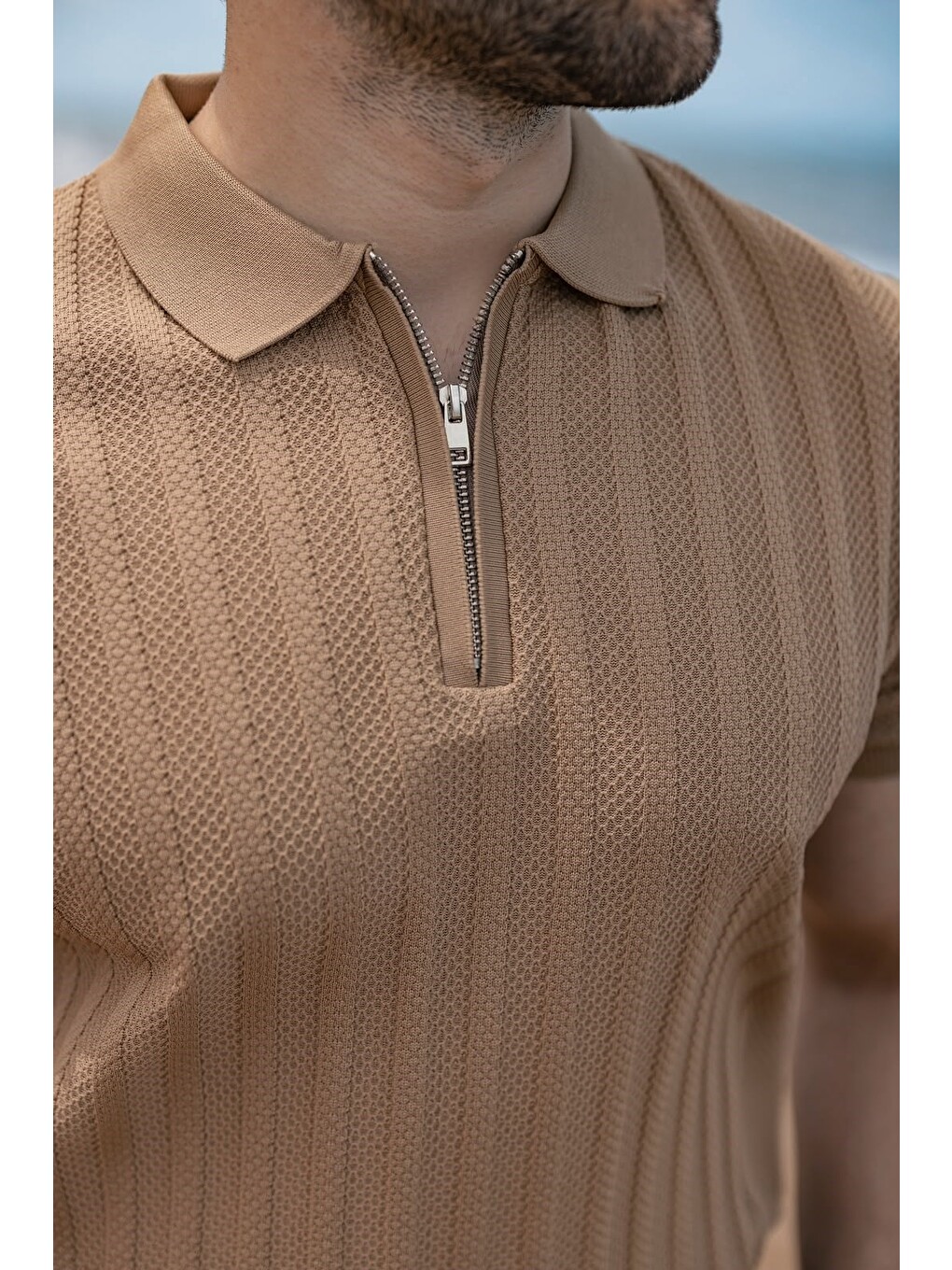 Kahverengi Camel Yarım Fermuarlı Polo Yaka Erkek Triko Tişört E7458-2