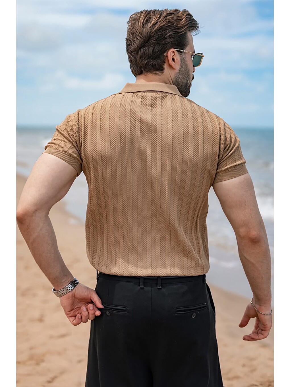 Kahverengi Camel Yarım Fermuarlı Polo Yaka Erkek Triko Tişört E7458-3