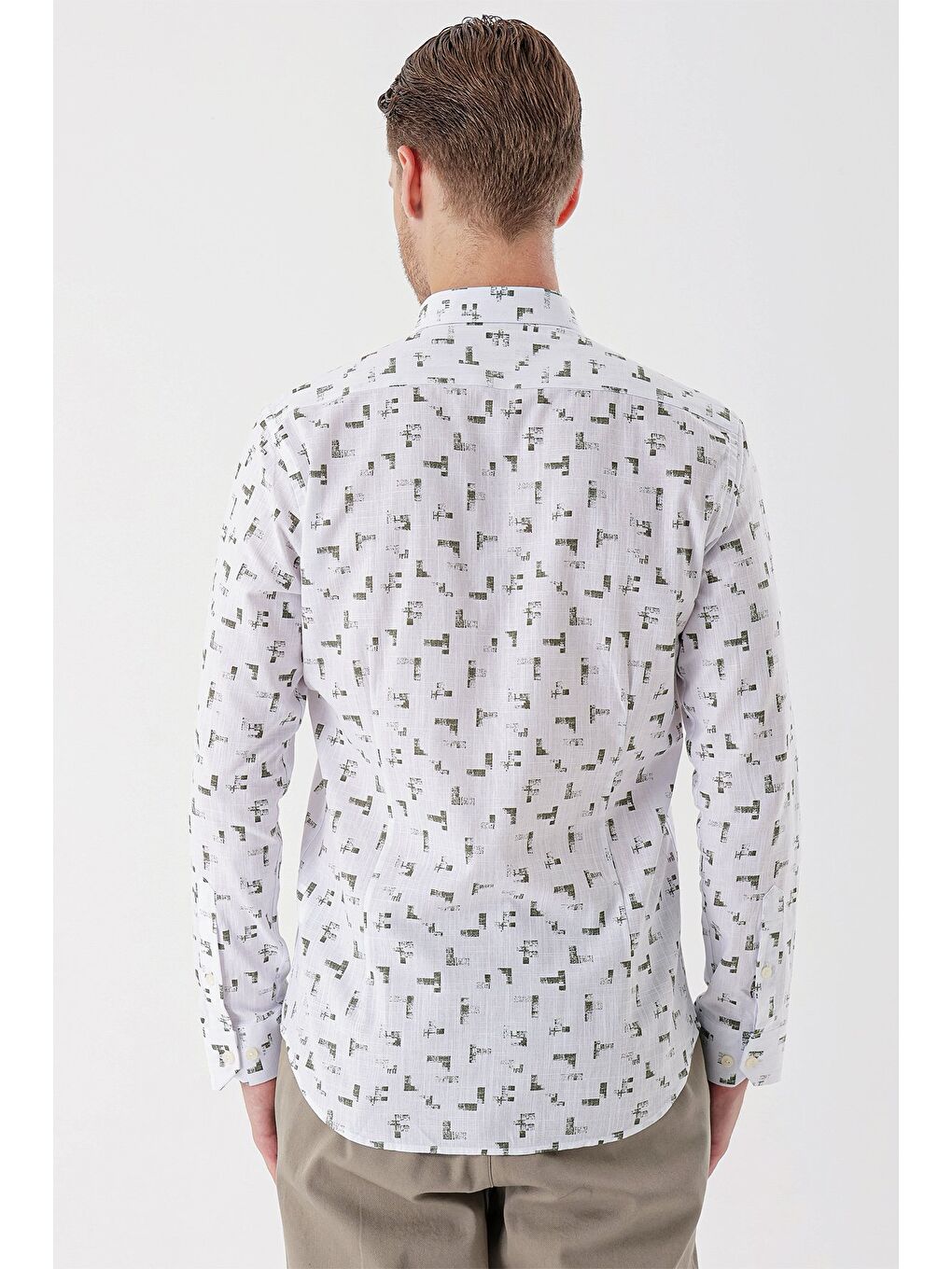 Beyaz Uzun Kollu Baskılı Bez Ayağı Cepsiz Garnili Klasik Slim Fit Dar Kesim Gömlek 1004230230-5