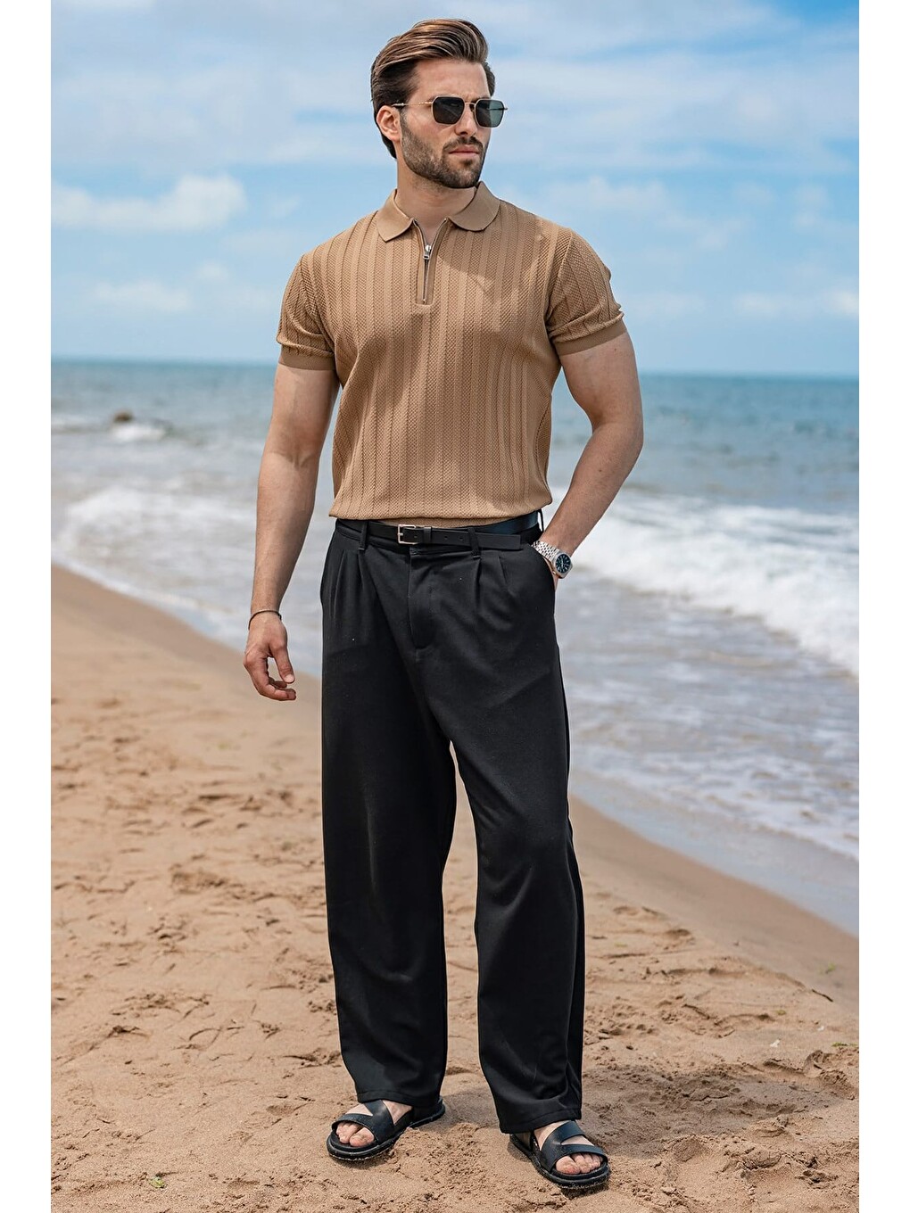 Kahverengi Camel Yarım Fermuarlı Polo Yaka Erkek Triko Tişört E7458-4