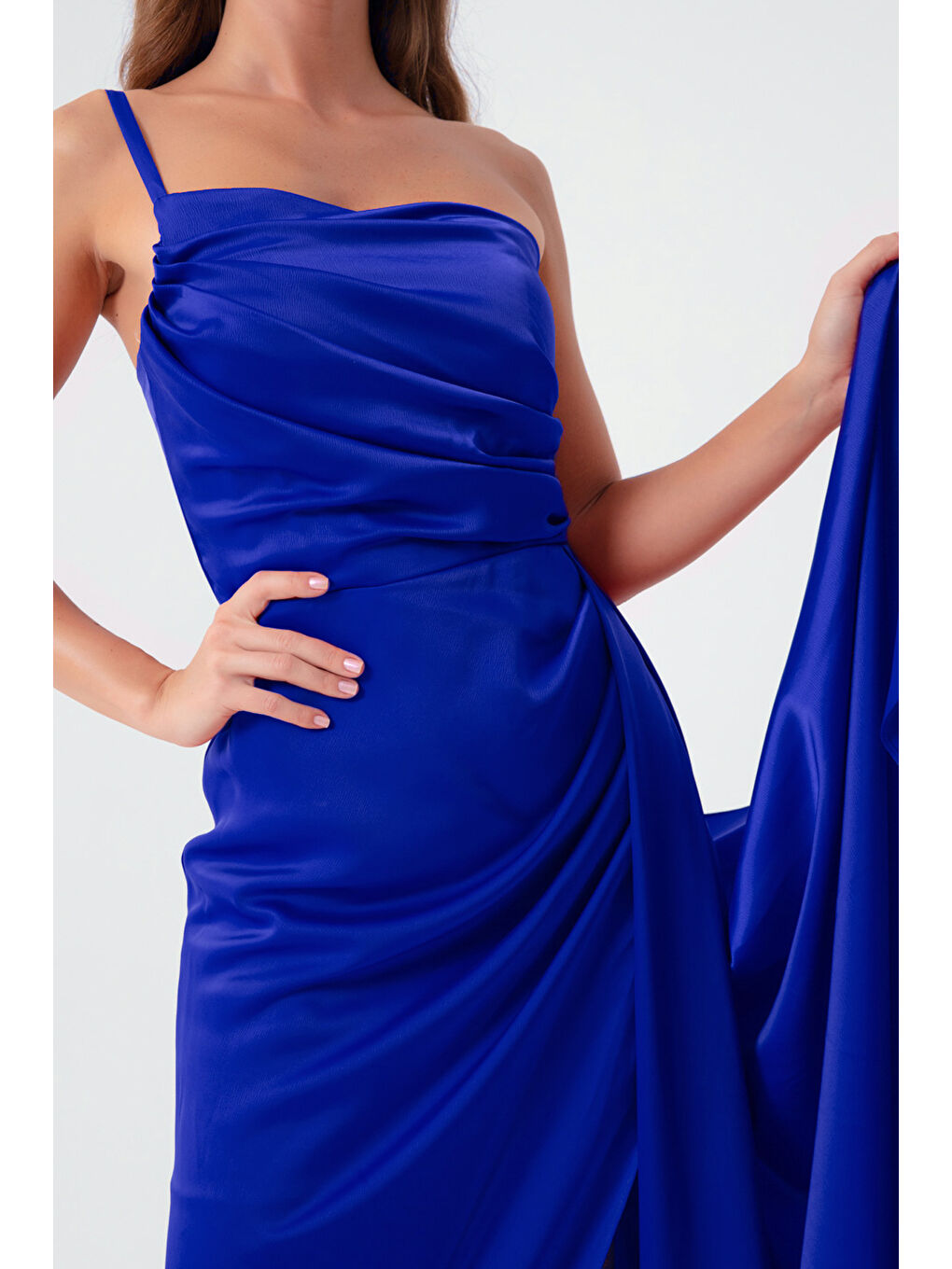 Mavi Kadın Saks Tek Omuzlu Saten Abiye & Mezuniyet Elbisesi-1