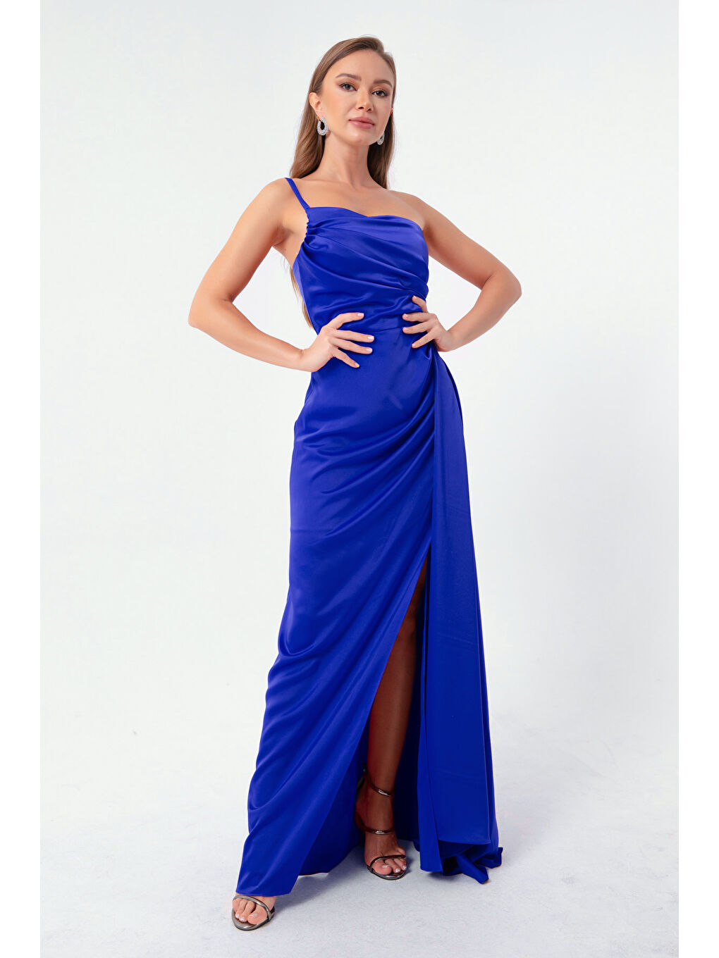 Mavi Kadın Saks Tek Omuzlu Saten Abiye & Mezuniyet Elbisesi-2