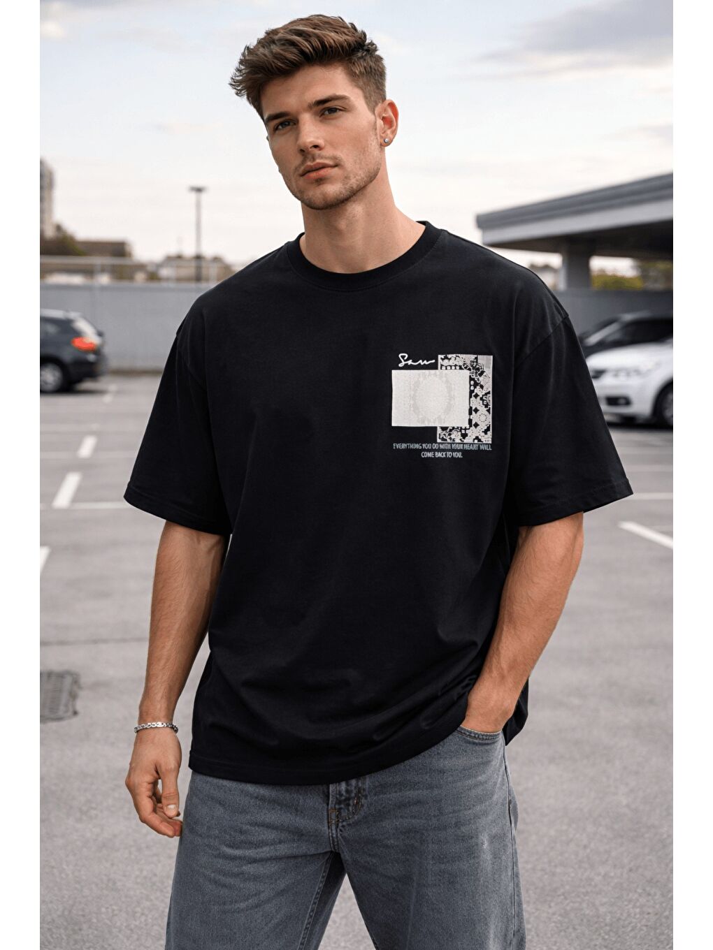 Siyah Oversize Erkek Tişört Baskılı Pamuklu Rahat Kesim Streetwear Yazlık Basic T-Shirt-1
