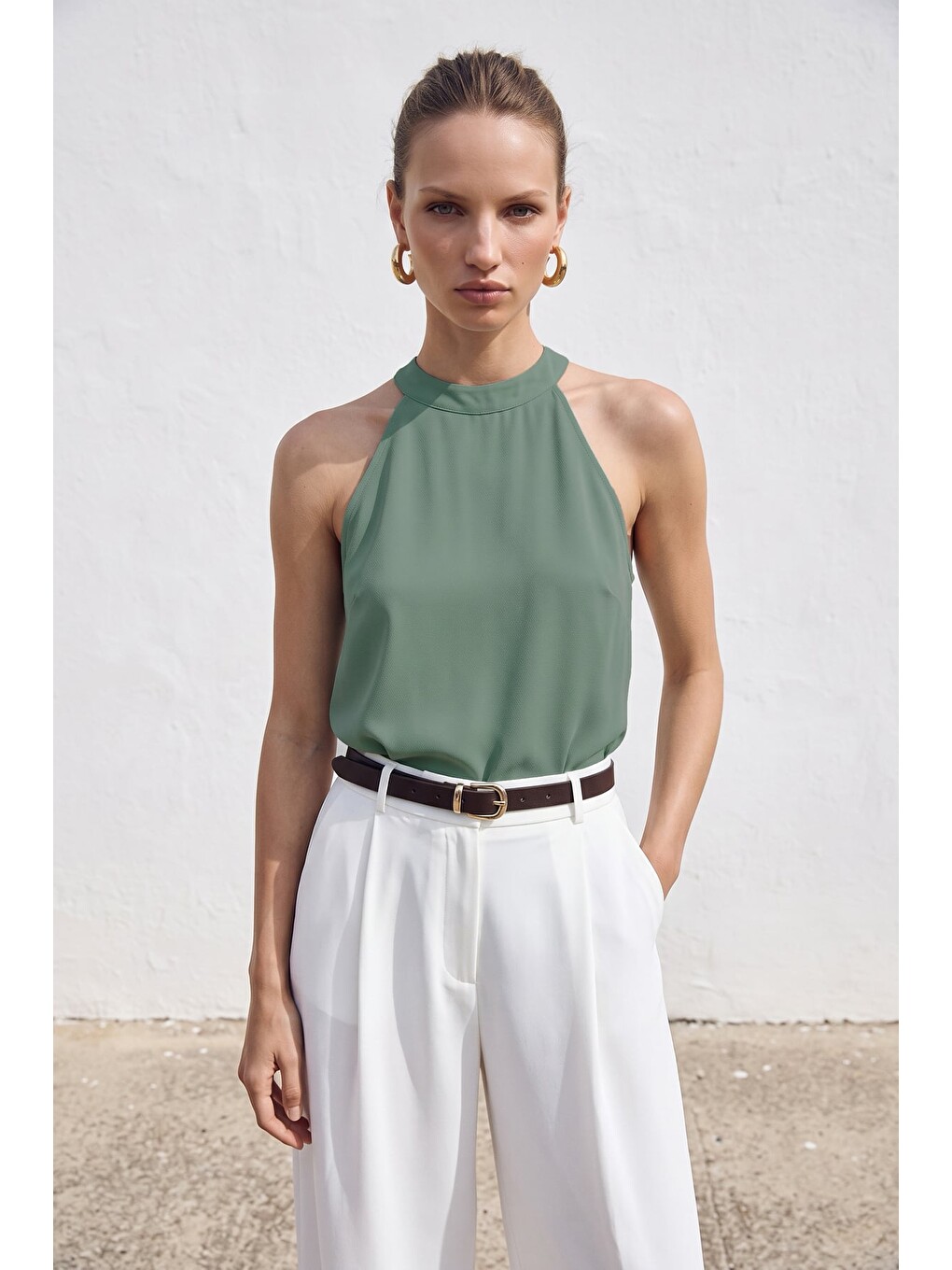 Yeşil Halter Yaka Bluz - Mint