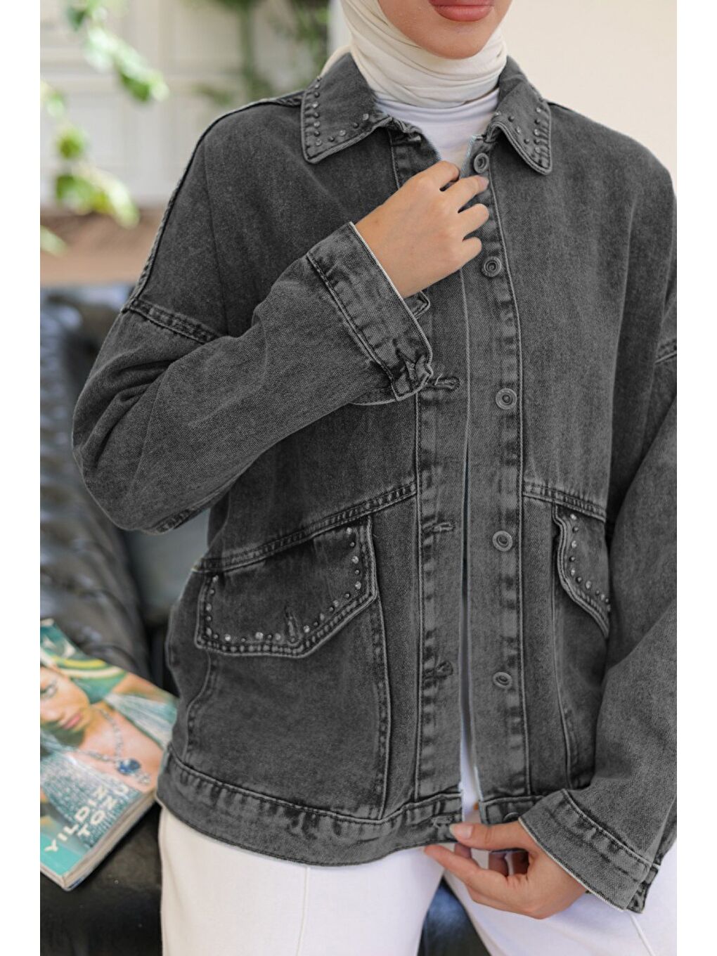Kadın Taş Detaylı Oversize Denim Jean Ceket Siyah   26572-2
