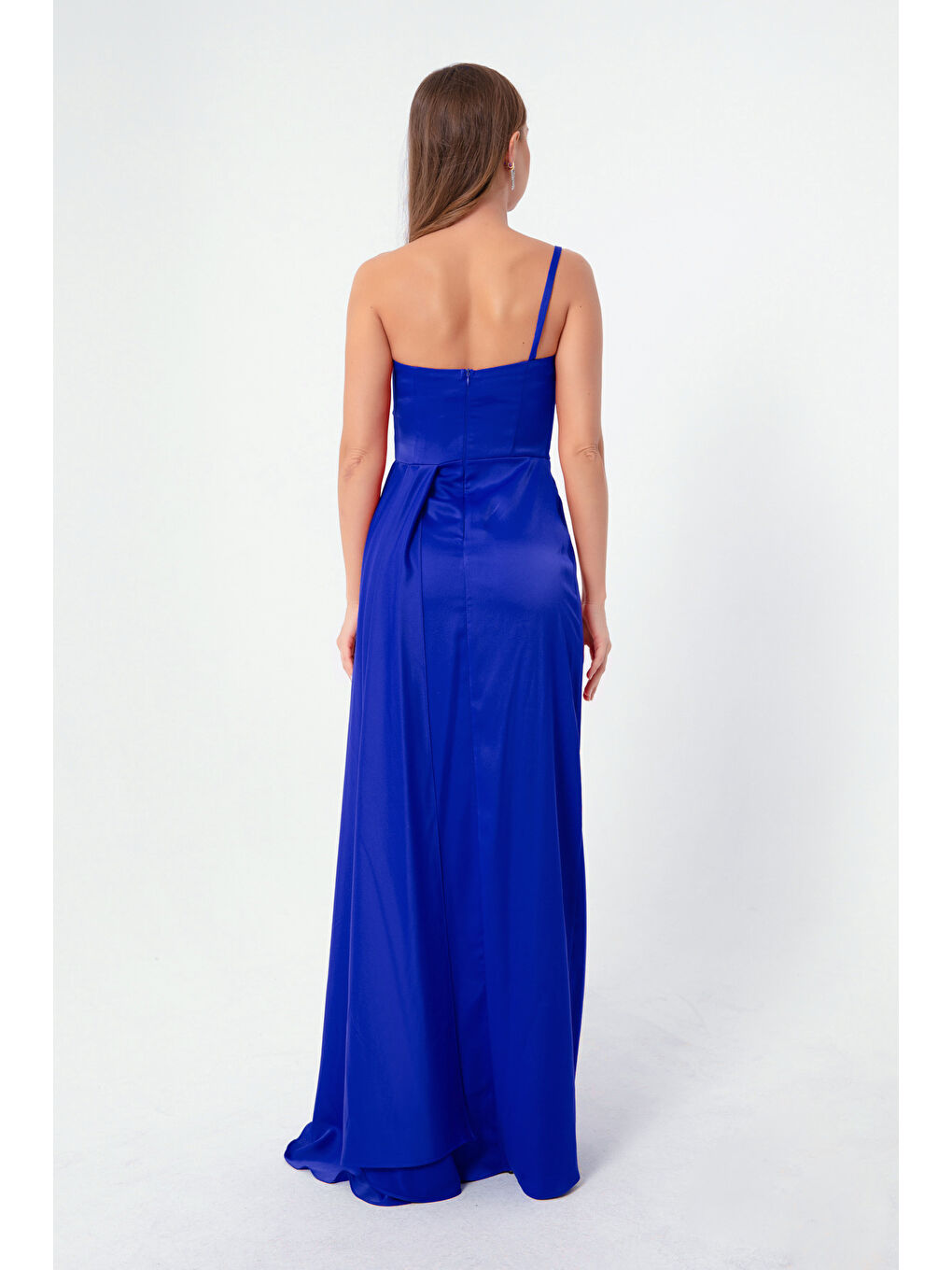 Mavi Kadın Saks Tek Omuzlu Saten Abiye & Mezuniyet Elbisesi-4