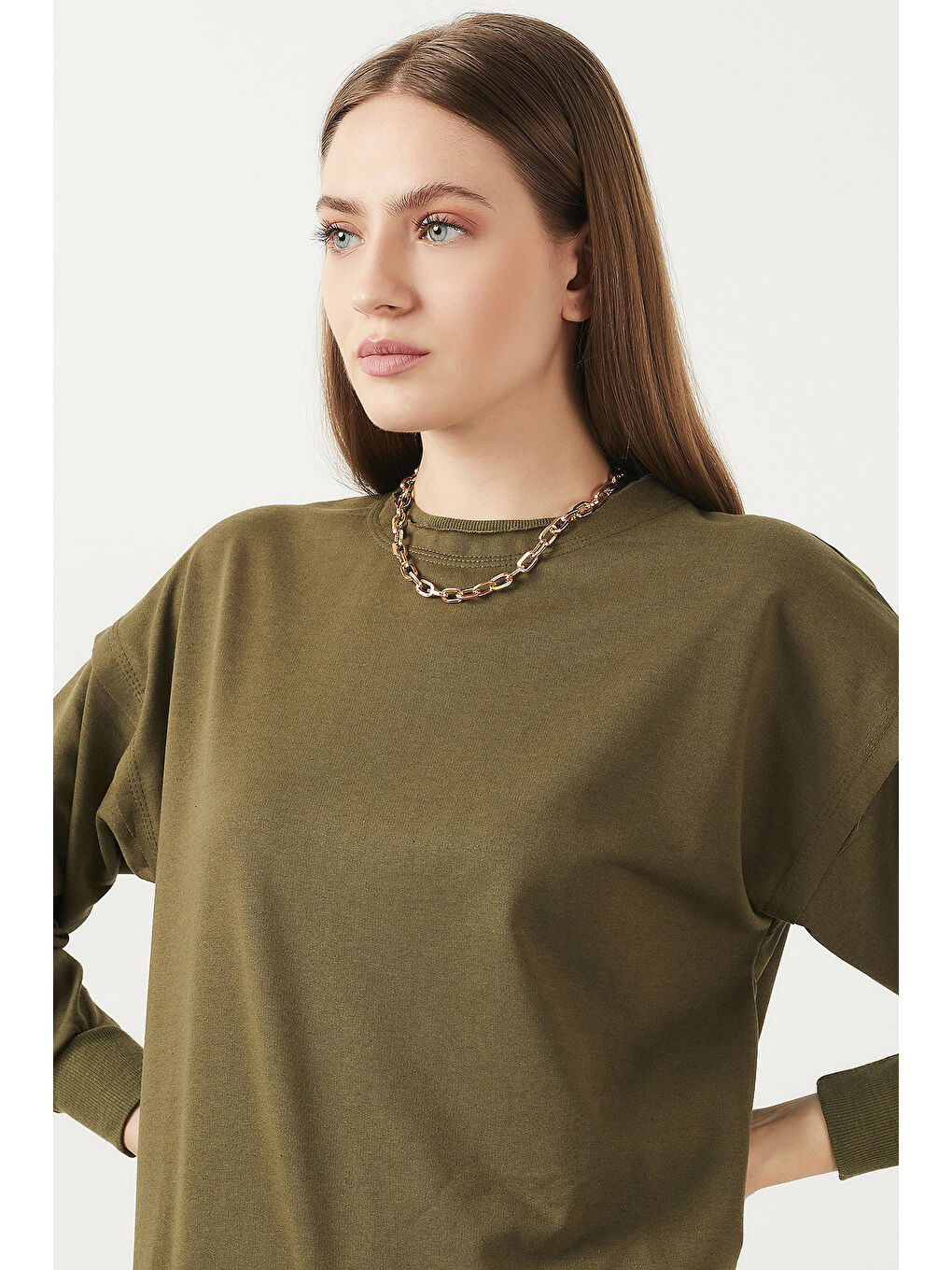 Haki Bisiklet Yaka Basic Örme Sweat 5413012