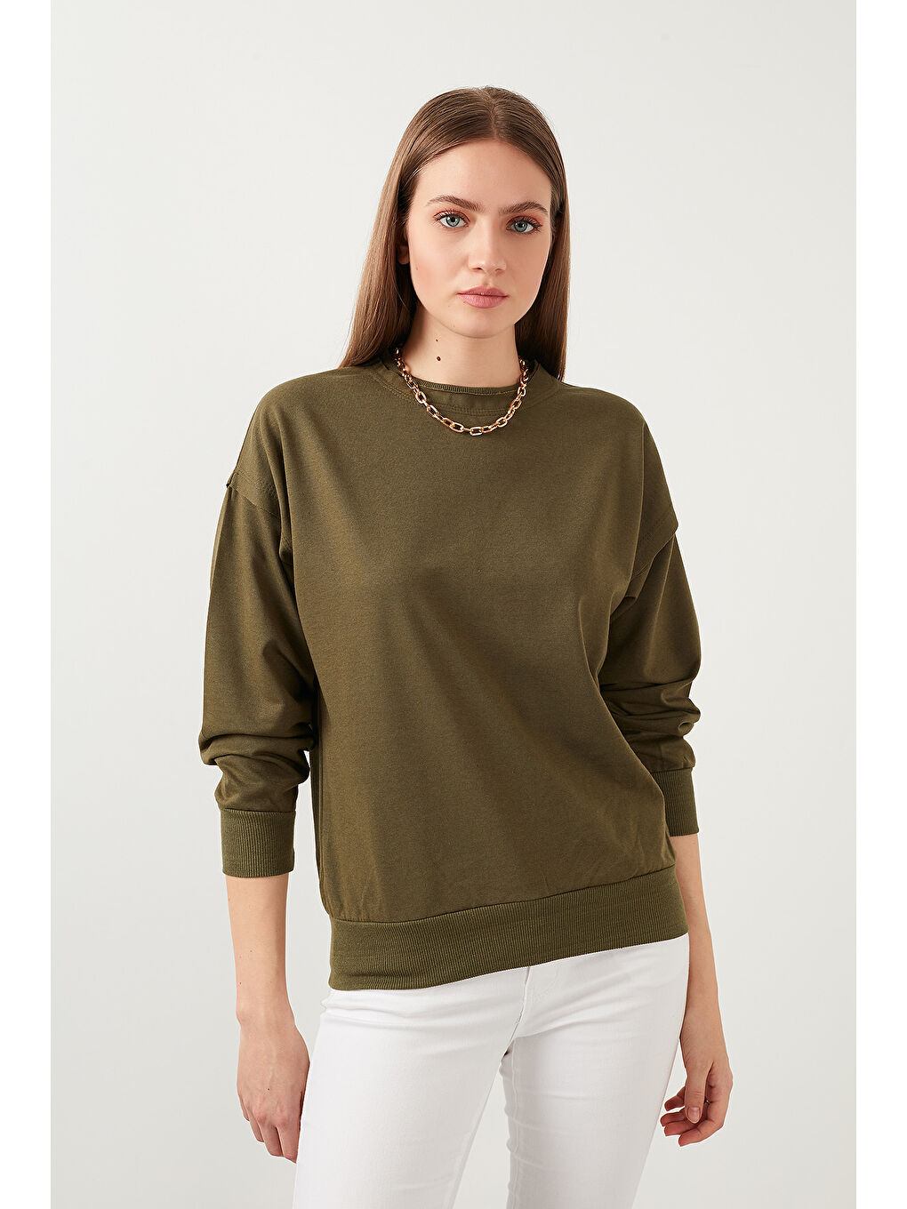 Haki Bisiklet Yaka Basic Örme Sweat 5413012-1