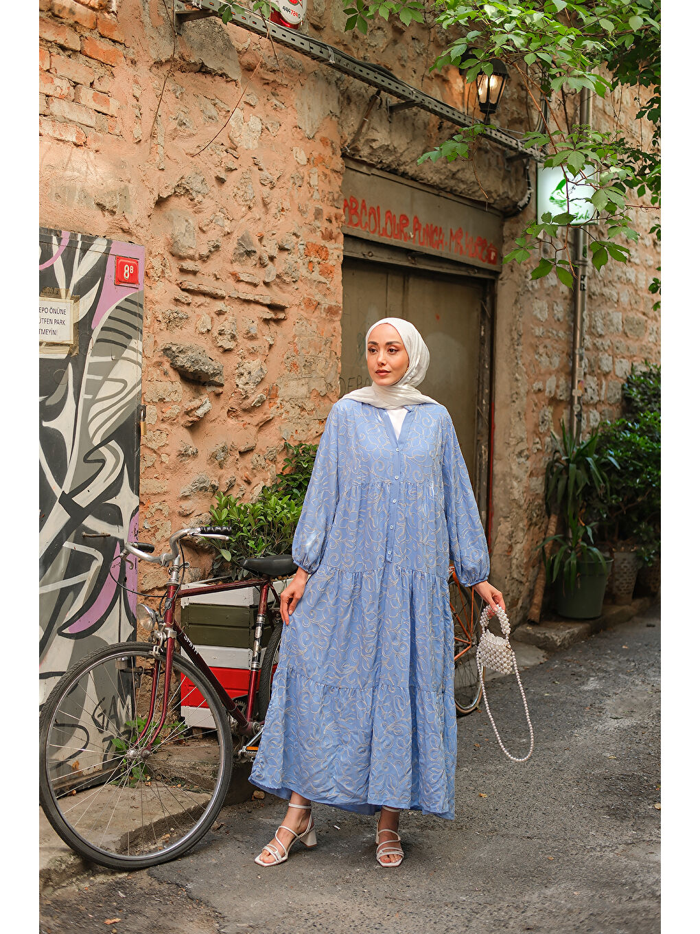 Kadın Gold Çicek Nakışlı Elbise Mavi