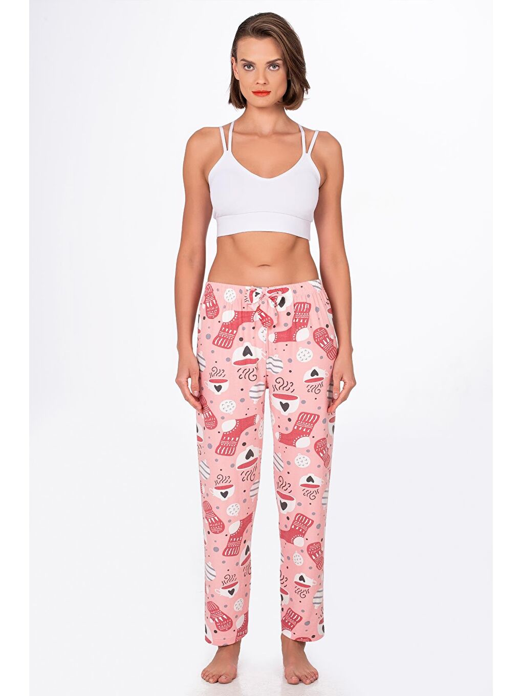 Pembe Kadın Süet Kahve Desenli Pijama Tek Alt