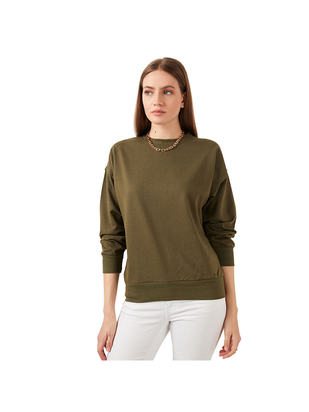 Haki Bisiklet Yaka Basic Örme Sweat 5413012-5