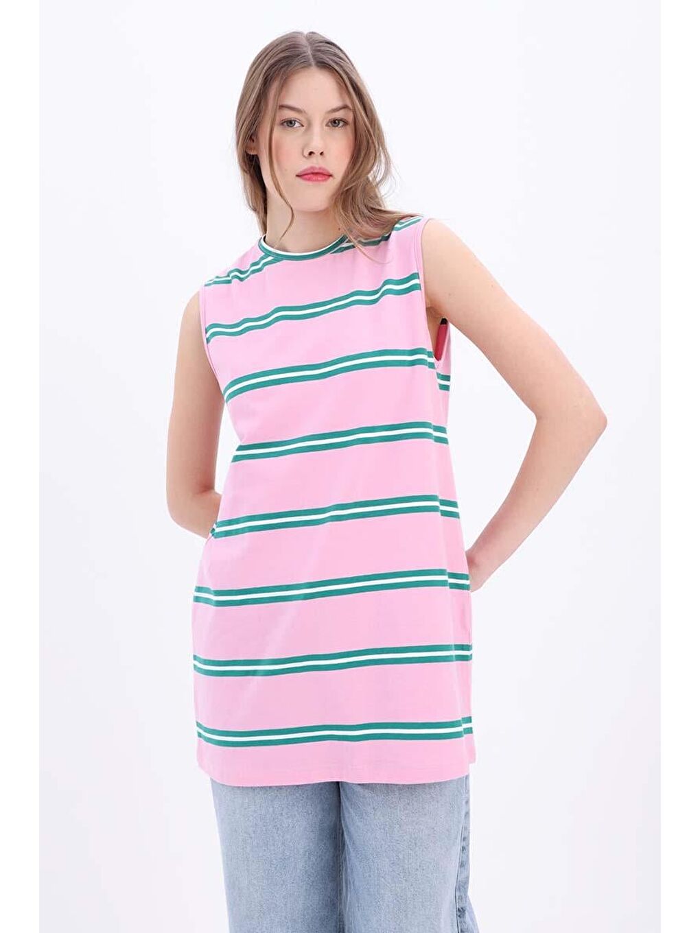 Pembe-Yeşil-Pamuklu Çizgili Sıfır Kollu Tunik
