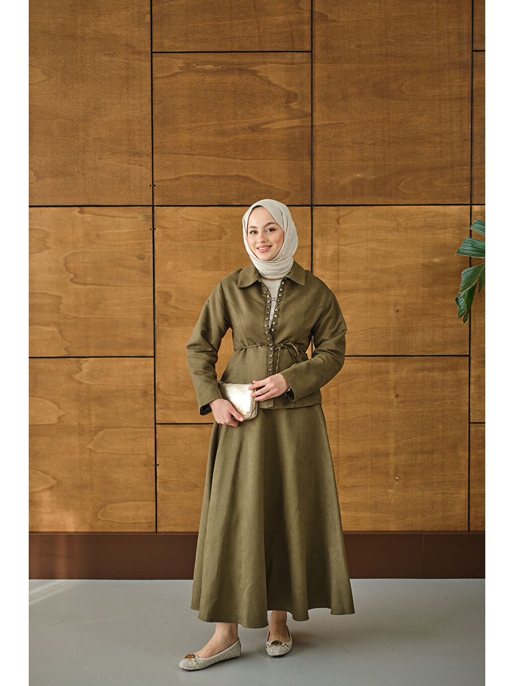 Kadın Bluz Kancalı Nubuk Takım Yeşil-3