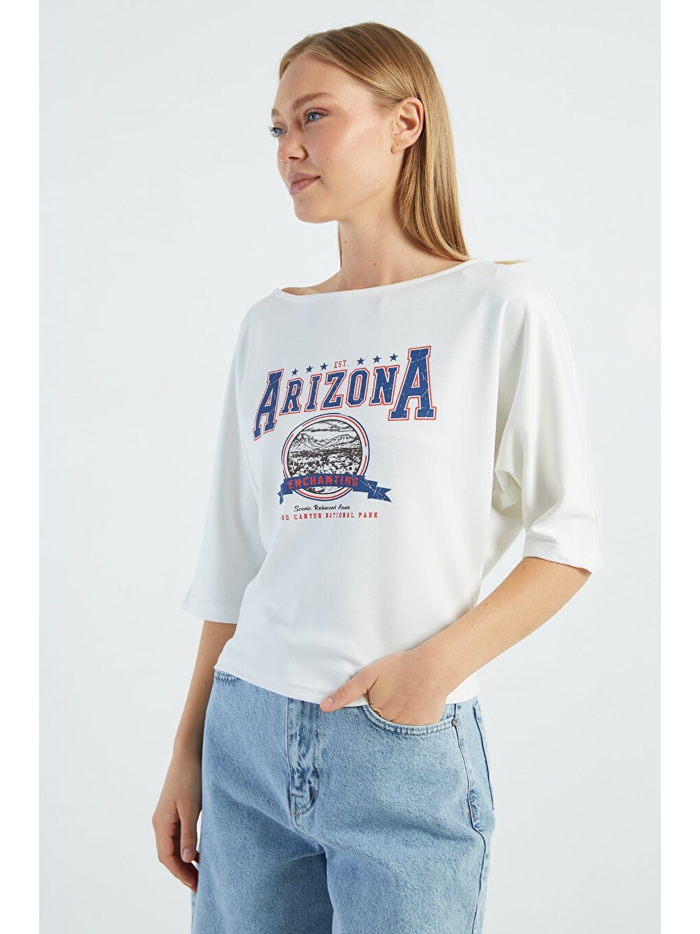 Ekru Arizona Baskılı Yarasa Kol Bluz-2