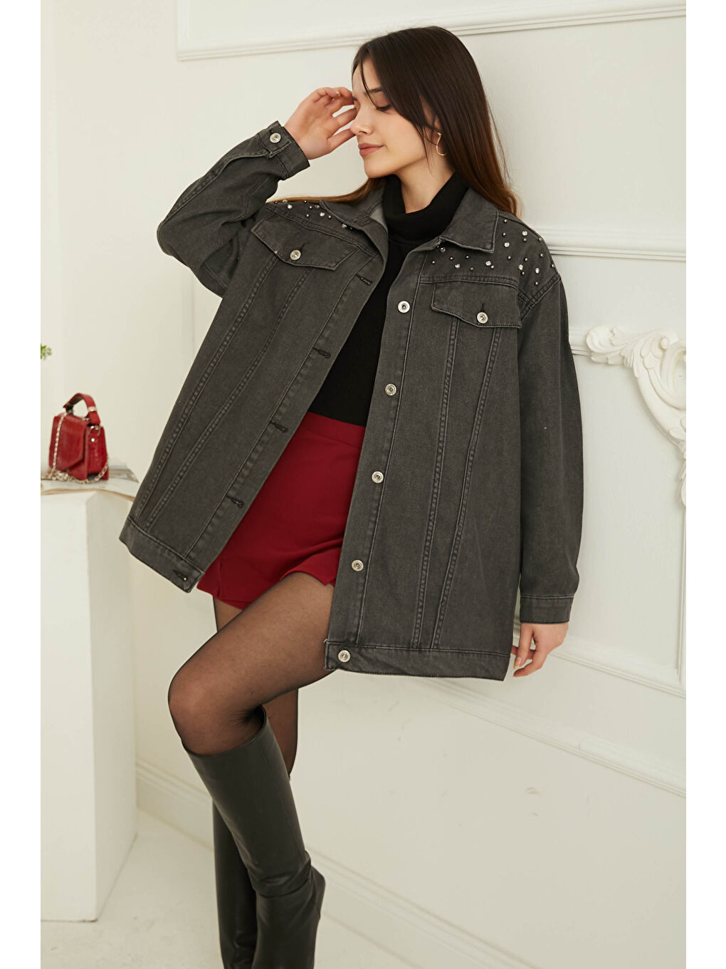 Kadın Omuz Taş Detaylı Oversize Jean Ceket Antrasit   26616