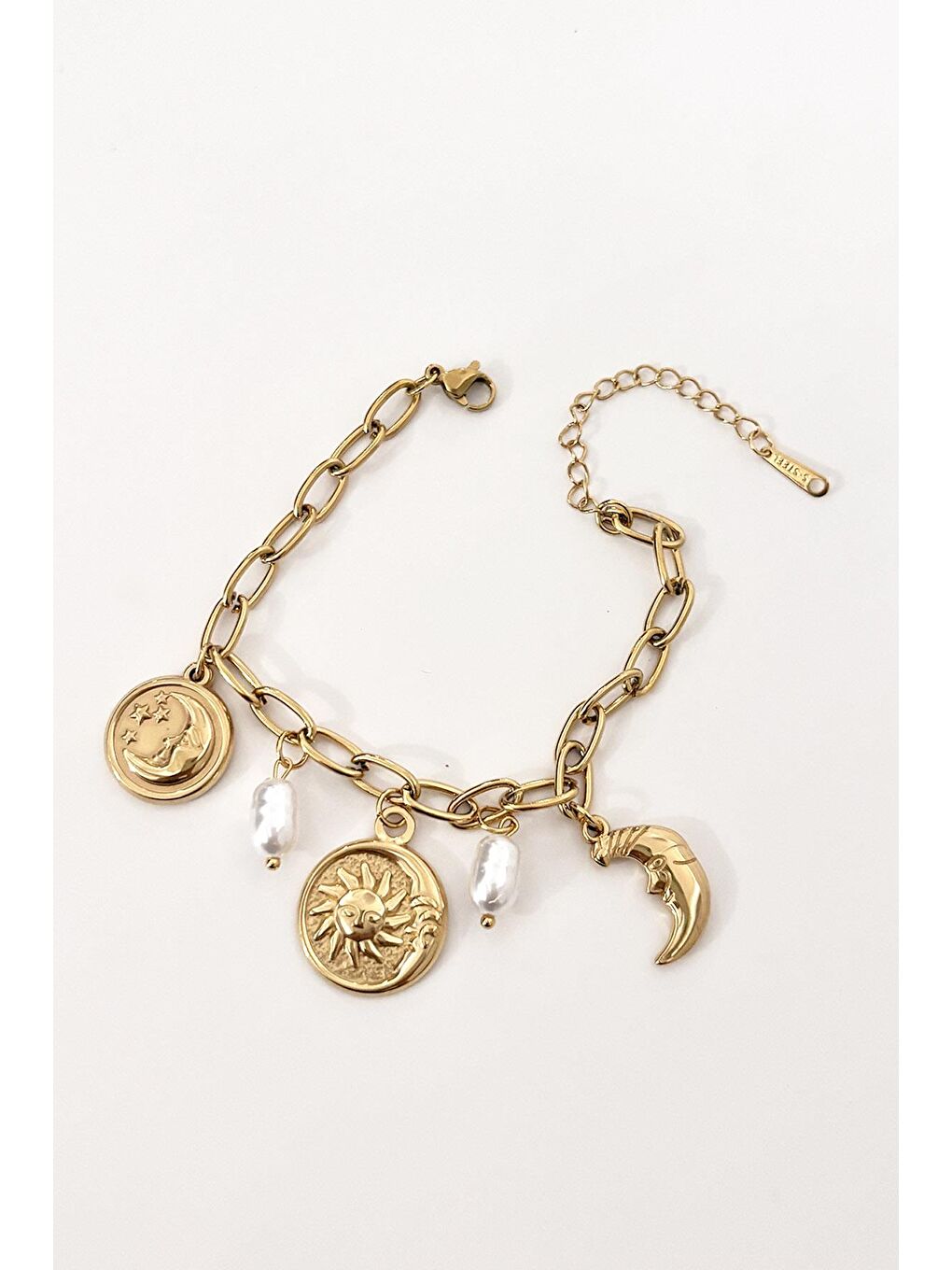 Sarı 316L Çelik Güneş Ay ve Para Figürlü İnci Detaylı Sallantılı Gold Renk Kadın Bileklik-2