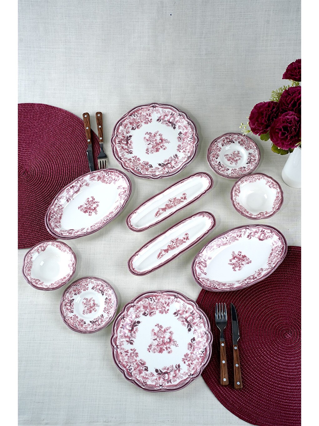 Beyaz Porselen Velour Maroon Fulya Kahvaltı Seti 6 Kişilik 20 Parça-3