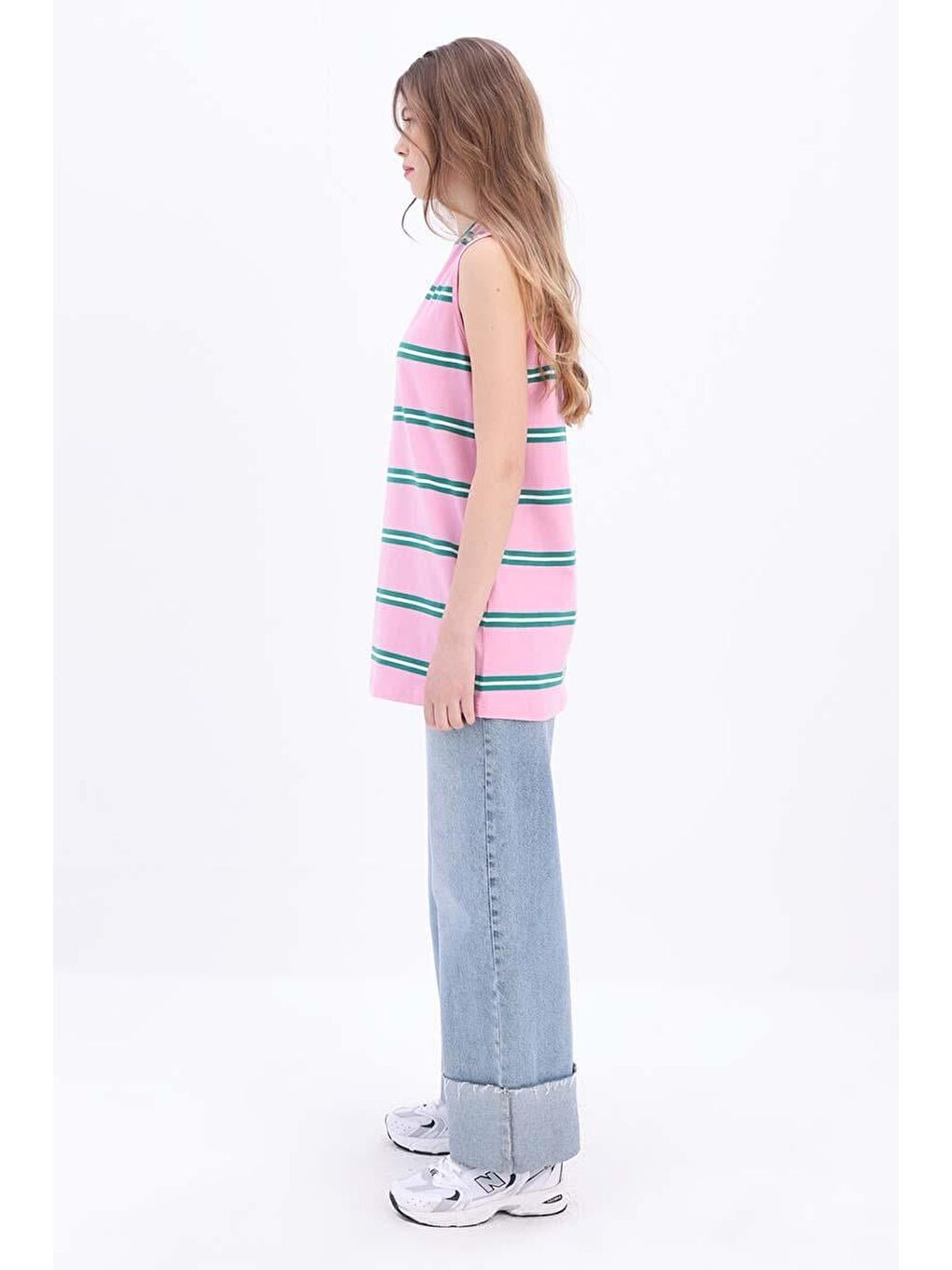 Pembe-Yeşil-Pamuklu Çizgili Sıfır Kollu Tunik-2