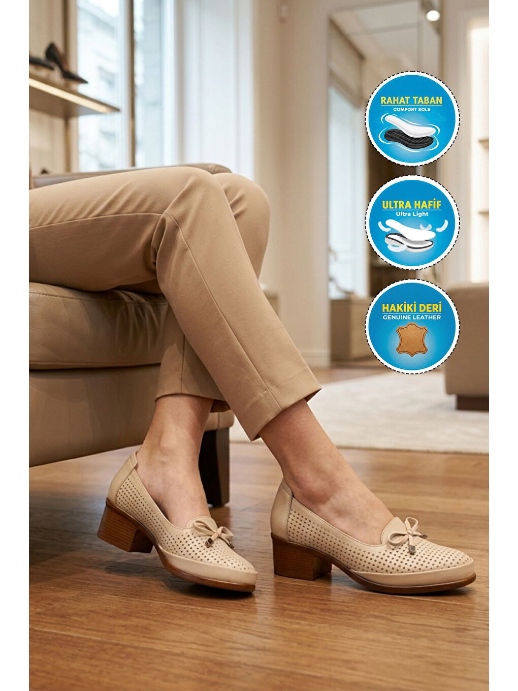 Bej Hakiki Deri Kadın Topuklu Klasik Ayakkabı 70-1 Z-2