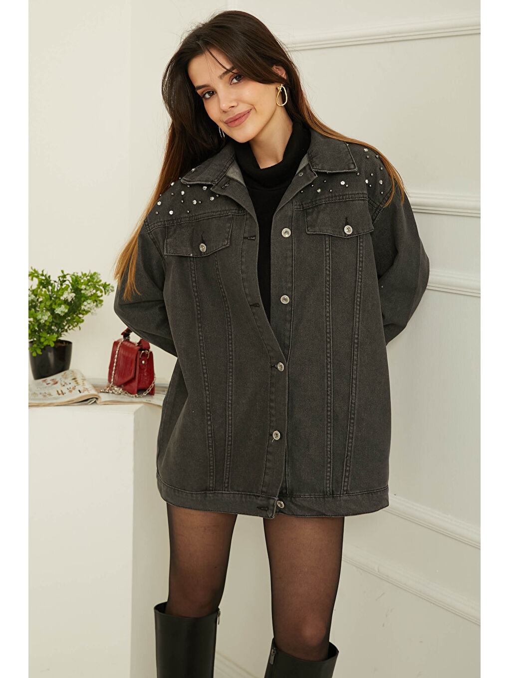 Kadın Omuz Taş Detaylı Oversize Jean Ceket Antrasit   26616-1