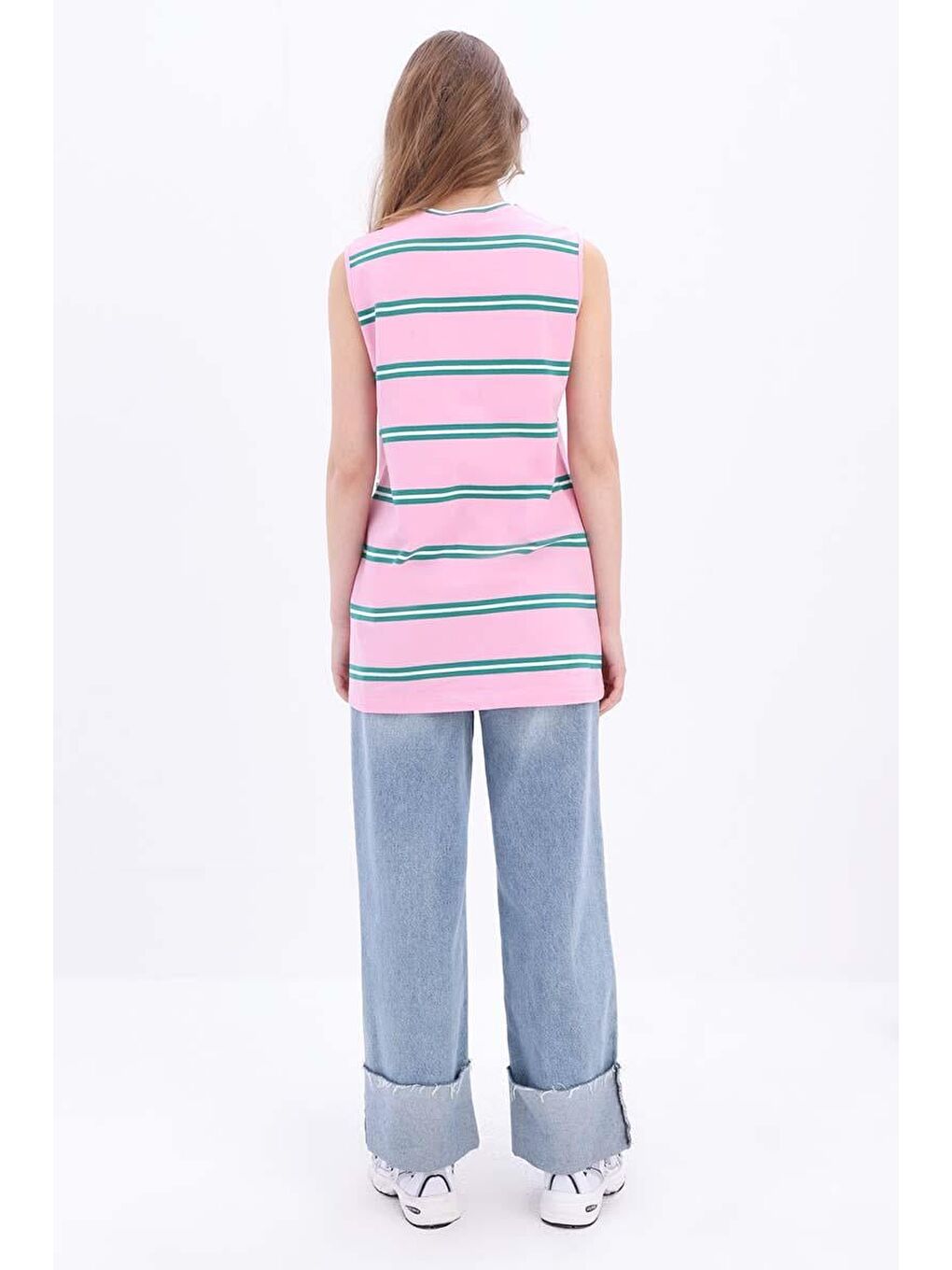 Pembe-Yeşil-Pamuklu Çizgili Sıfır Kollu Tunik-3