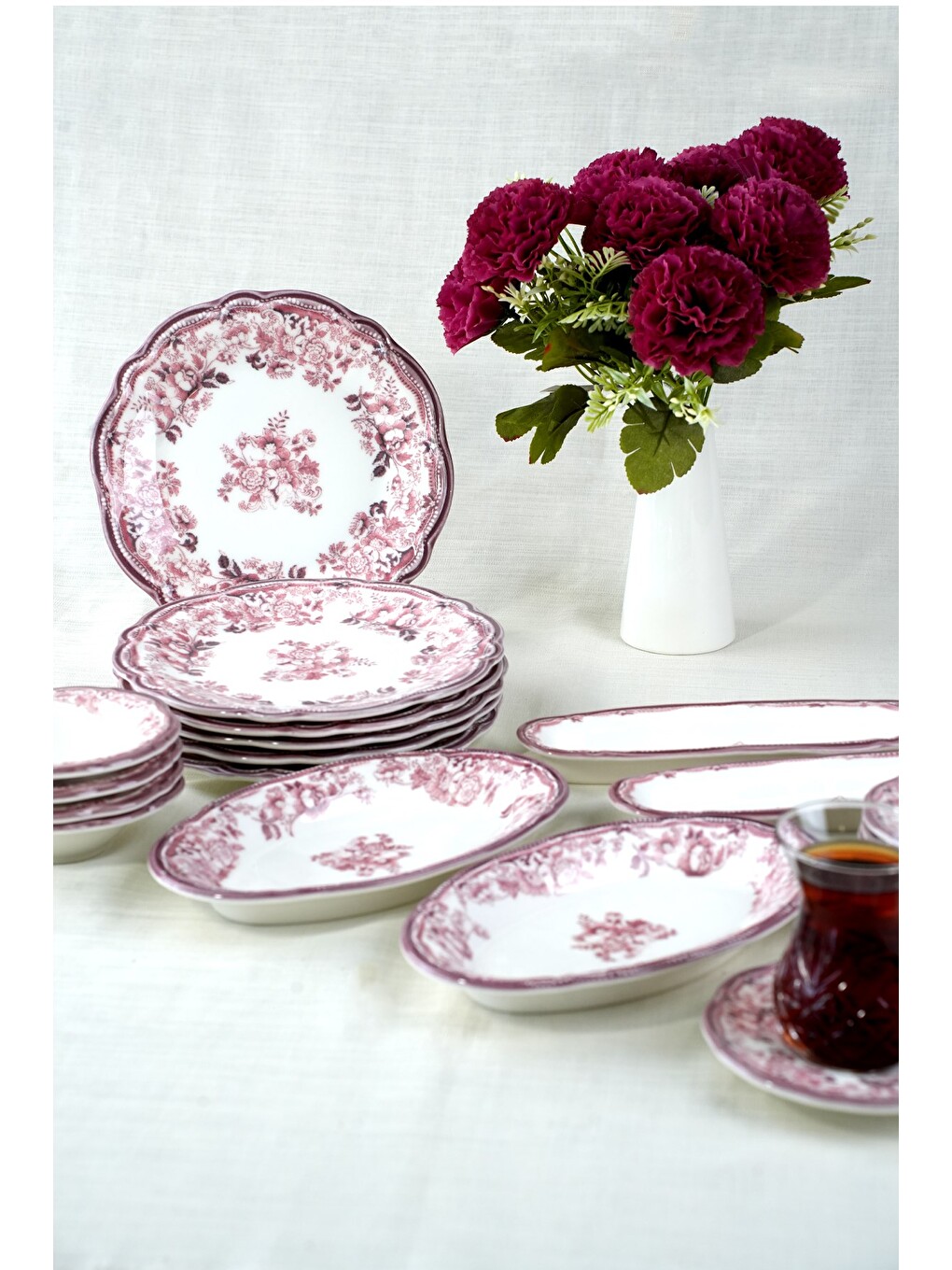 Beyaz Porselen Velour Maroon Fulya Kahvaltı Seti 6 Kişilik 20 Parça-5