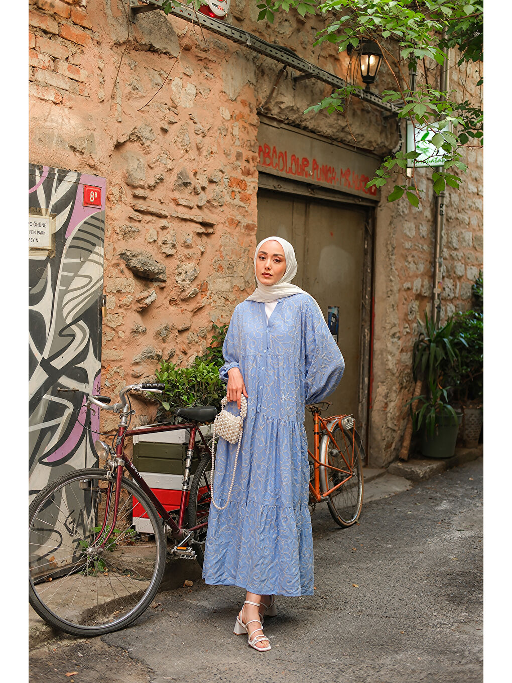 Kadın Gold Çicek Nakışlı Elbise Mavi-1