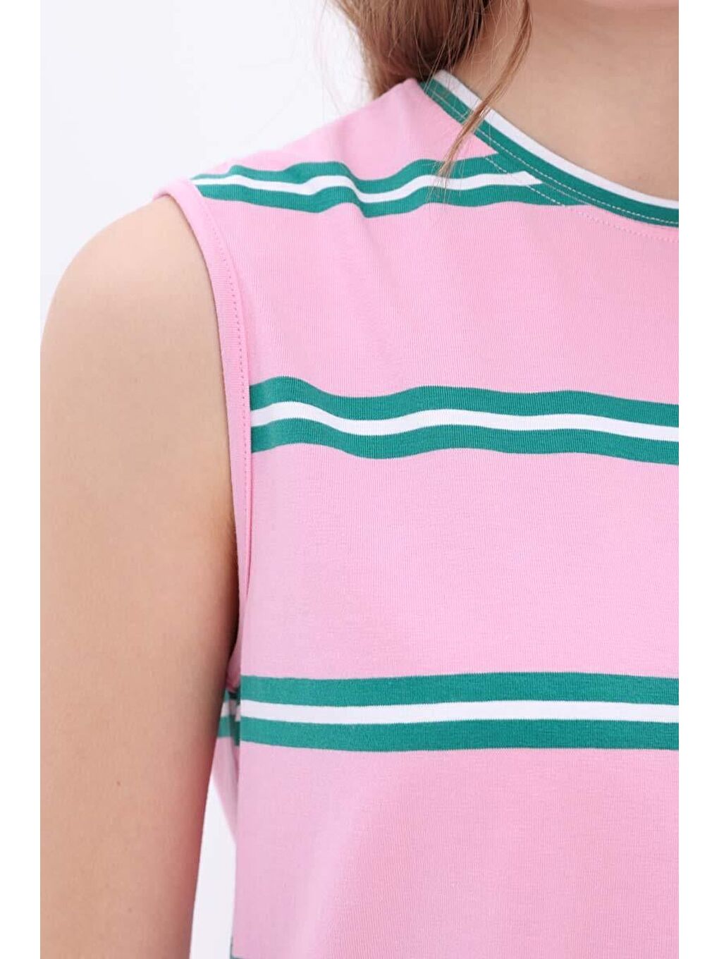 Pembe-Yeşil-Pamuklu Çizgili Sıfır Kollu Tunik-4