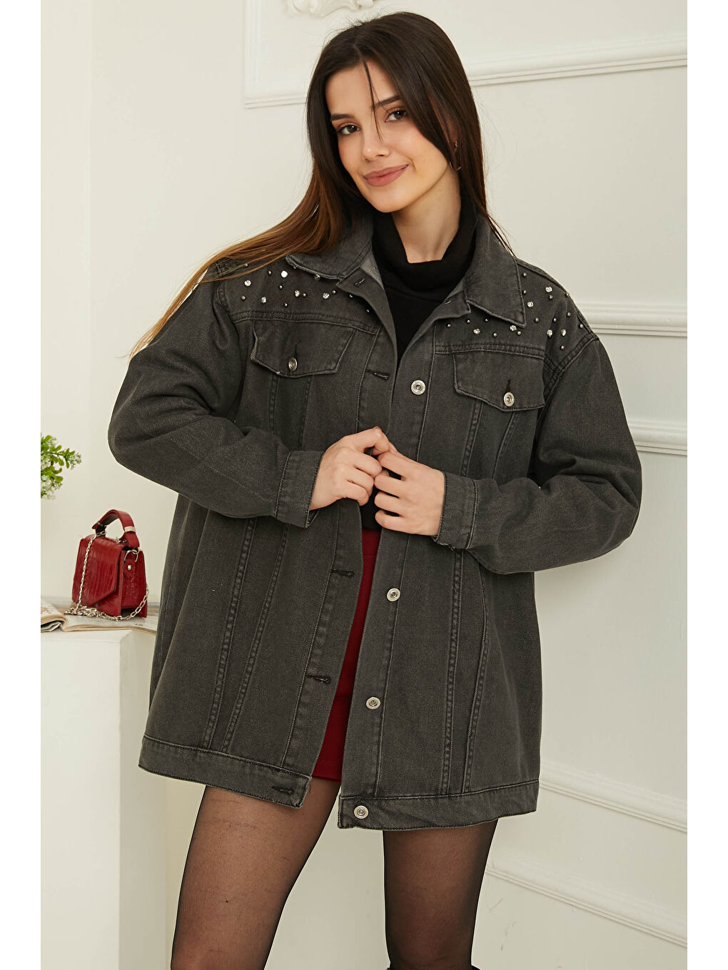 Kadın Omuz Taş Detaylı Oversize Jean Ceket Antrasit   26616-2