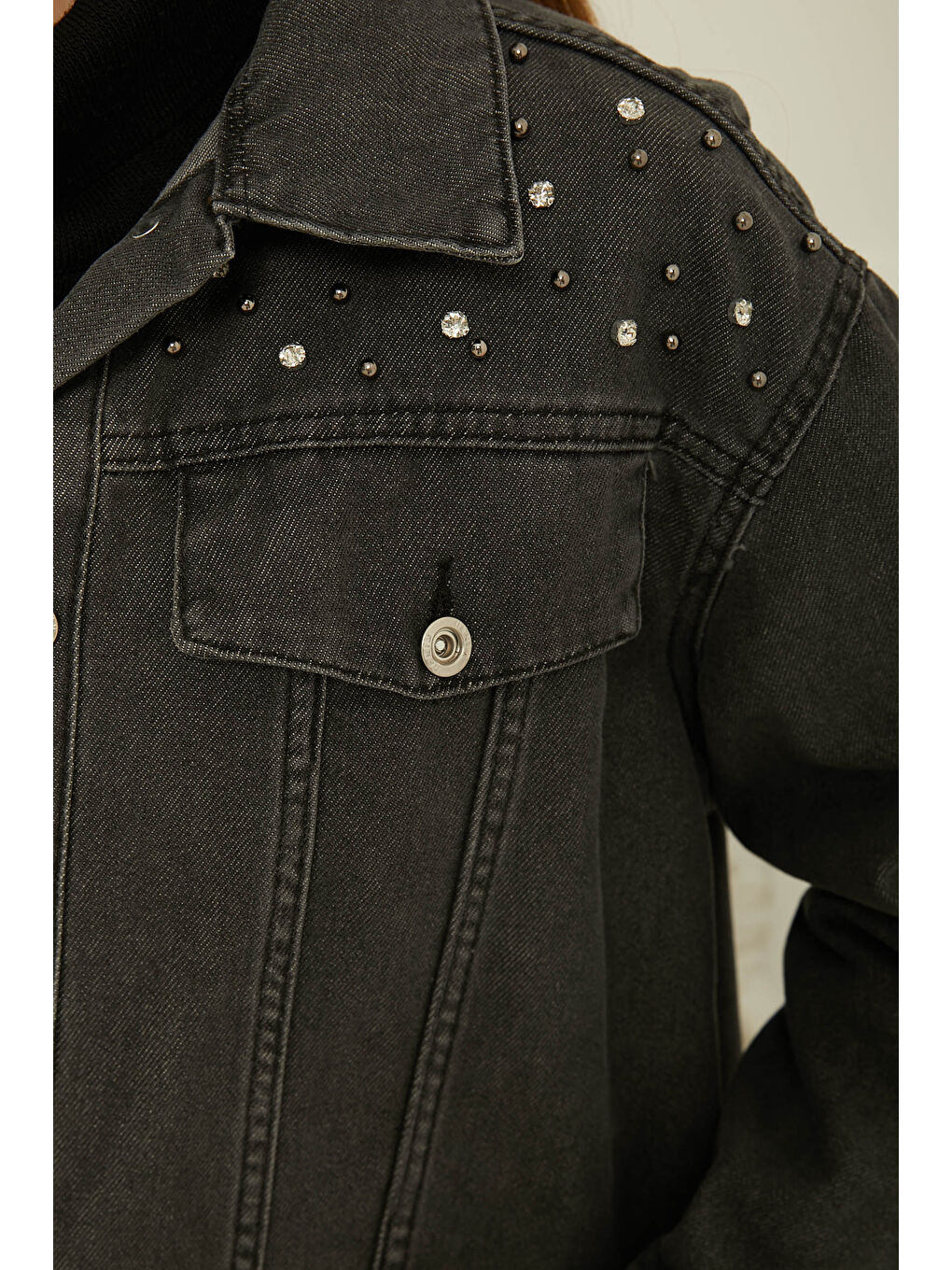 Kadın Omuz Taş Detaylı Oversize Jean Ceket Antrasit   26616-3