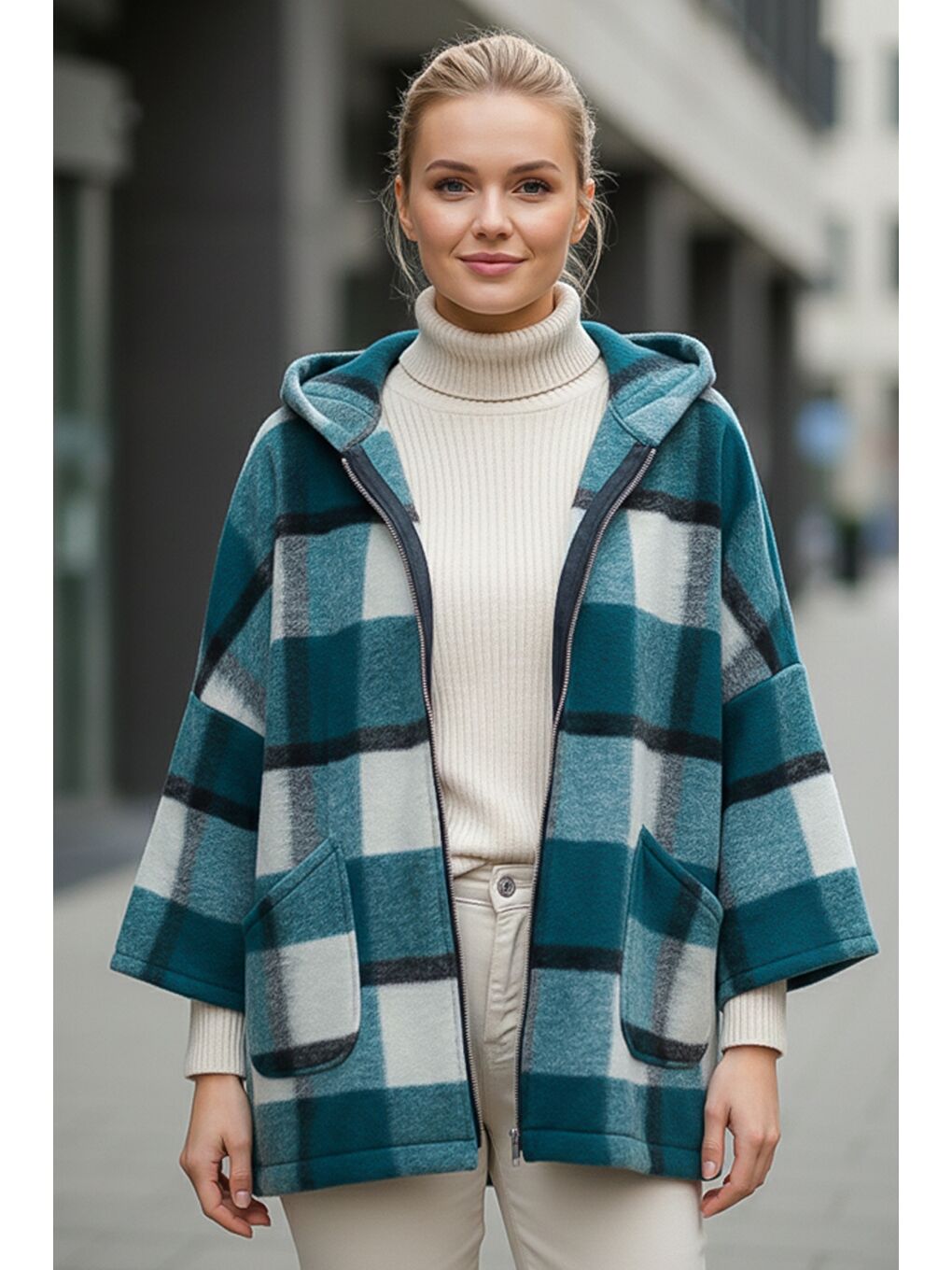 İtalyan Yeşil Kapüşonlu Uzun Kol Ekose Fermuarlı Cepli Casual Yün Oversize Dokuma Ceket 75 80