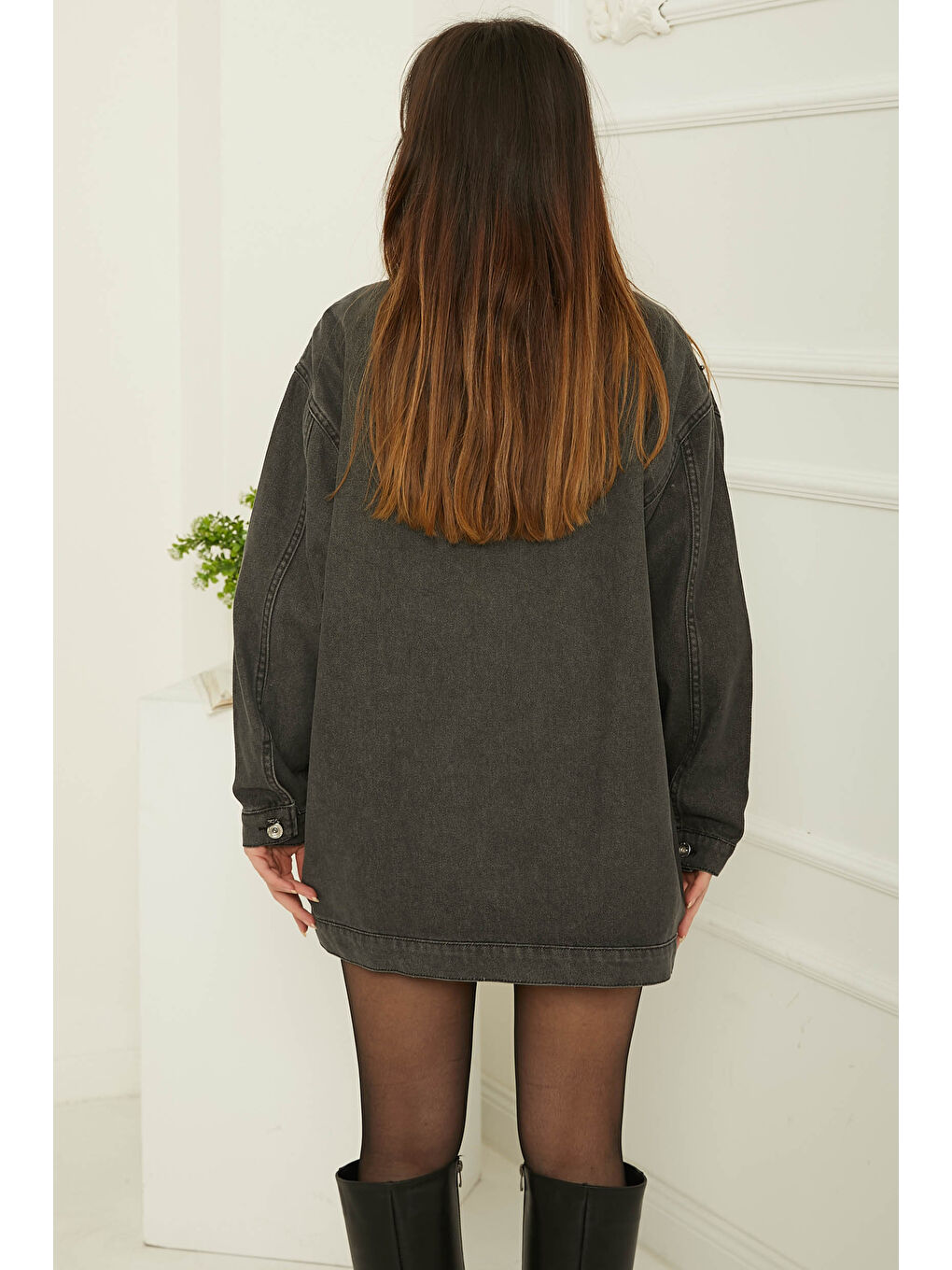 Kadın Omuz Taş Detaylı Oversize Jean Ceket Antrasit   26616-4