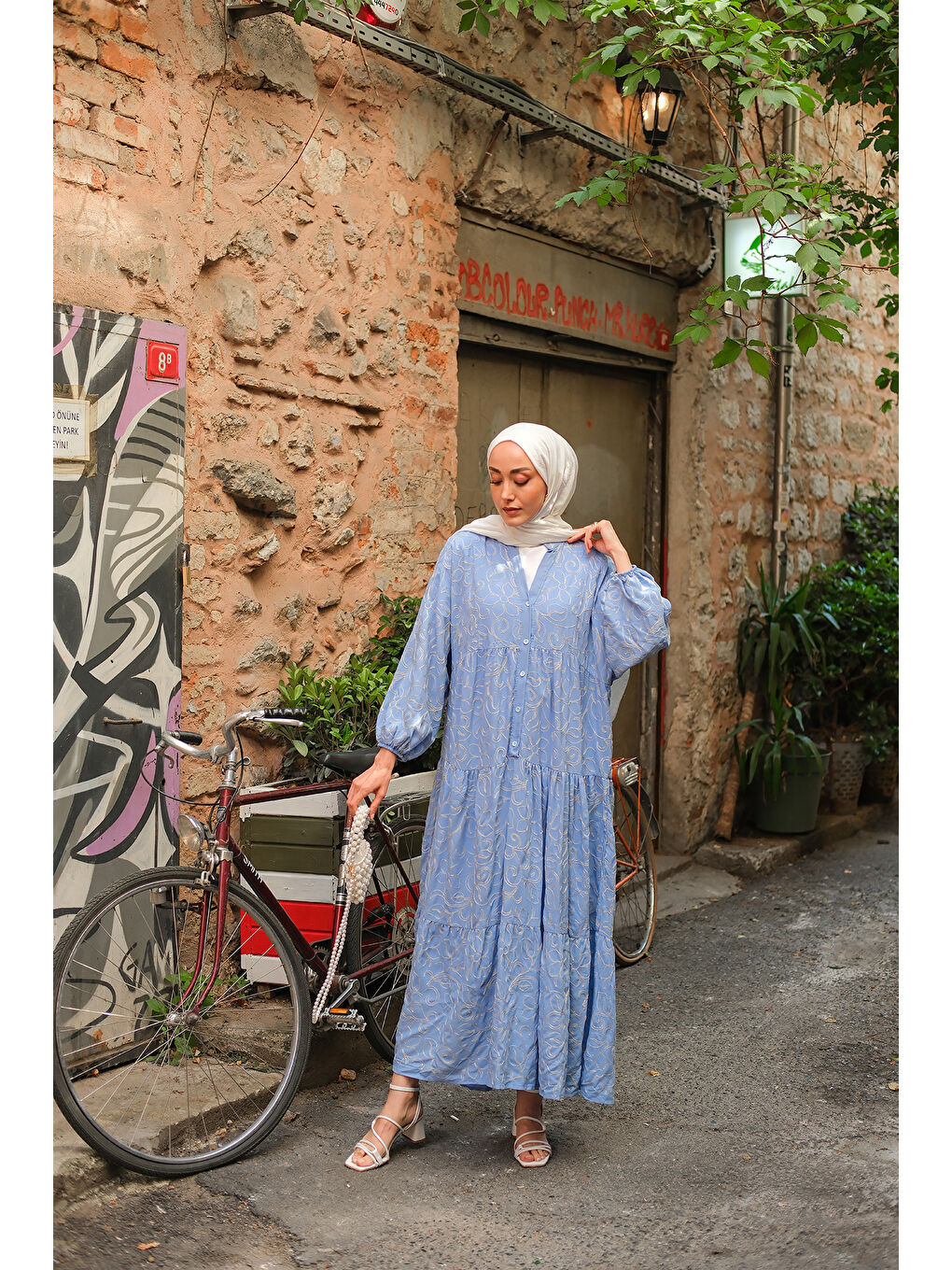 Kadın Gold Çicek Nakışlı Elbise Mavi-2