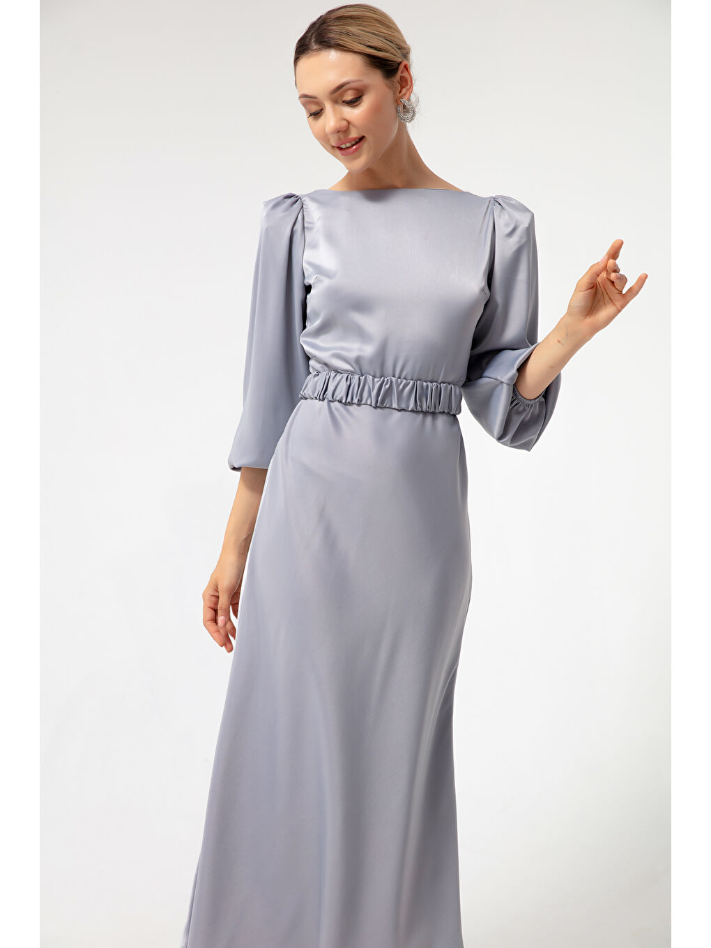Kadın Gri Uzun Balon Kollu Nişan Elbisesi-2