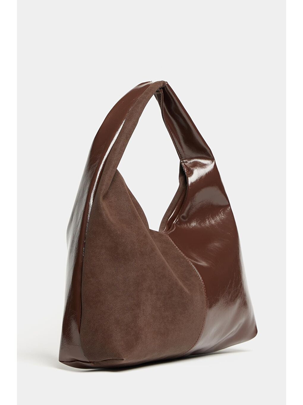 Kadın Kahverengi Süet Ve Rugan Kontrast Tasarım Shopper Omuz Çantası – Yumuşak Form Vintage Model-1