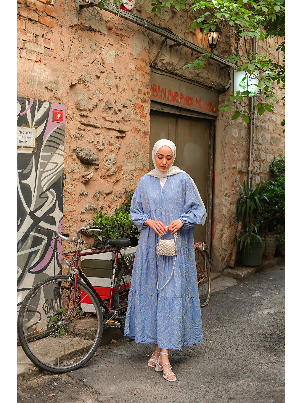 Kadın Gold Çicek Nakışlı Elbise Mavi-3