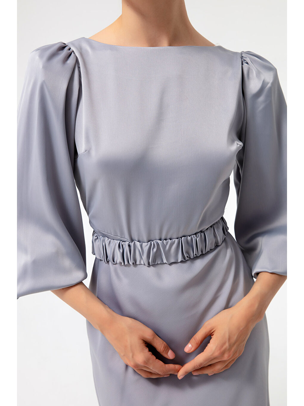 Kadın Gri Uzun Balon Kollu Nişan Elbisesi-3