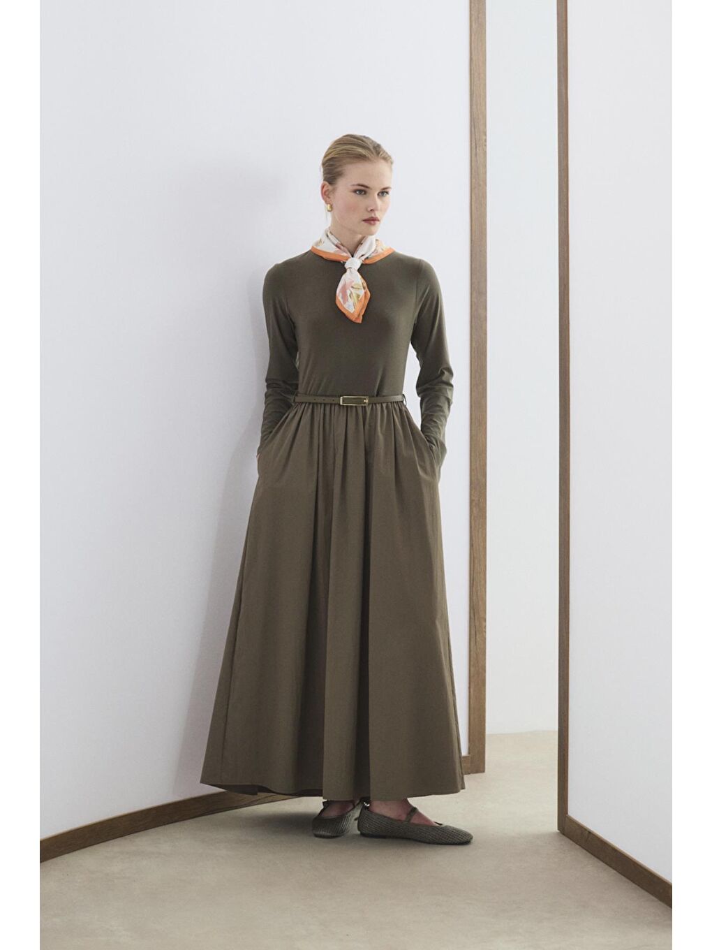 Dar Kesim Kemerli Mix Elbise Yeşil