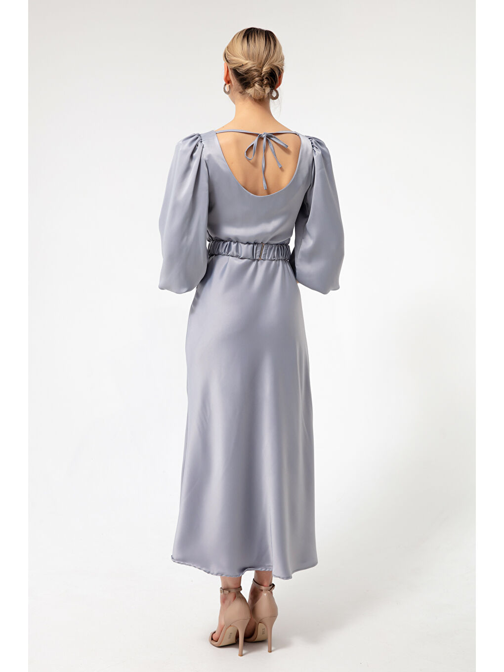 Kadın Gri Uzun Balon Kollu Nişan Elbisesi-4
